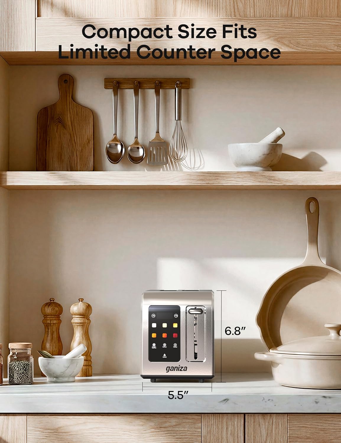 Ganiza Smart Toaster 2 Slice with Touchscreen, Digital Countdown Timer, Touch Screen Toaster Wide Slot, Full Stainless Steel, Defrost Reheat Cancel, +/-10s Fine-Tune, Removable Crumb Tray, Max 925W - Image 9