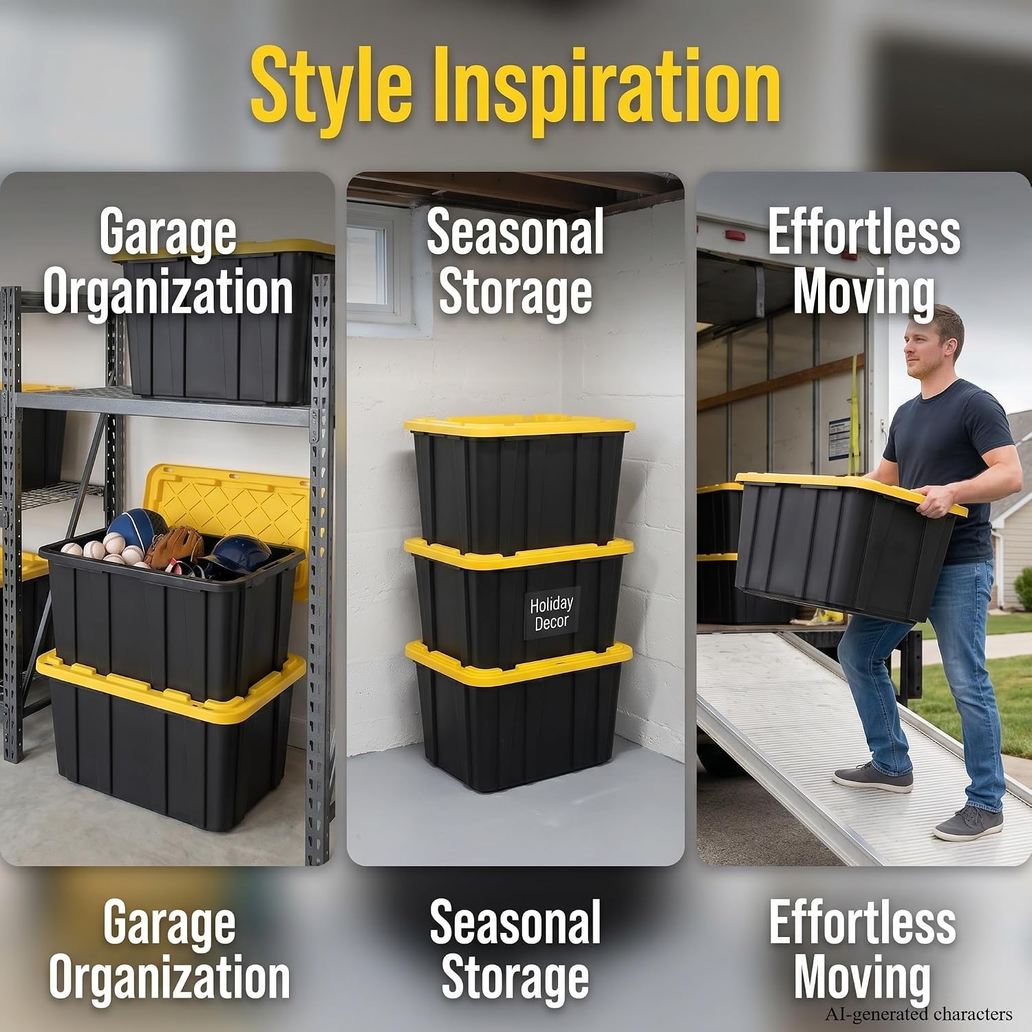 6 Pack 27 Gallon Heavy Duty Storage Bins with Snap Lids, Durable Plastic Storage Totes with Stackable Black Containers & Yellow Latching Covers for Home Garage Moving Organization - Image 2