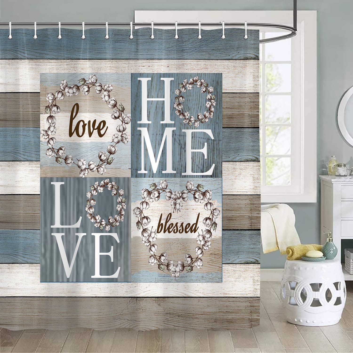 4PCS Rustic Floral Flower Sweet Love Home Fabric Shower Curtain Set, with Non-Slip Rugs, Toilet Lid Cover and Bath Mat Farmhouse Country Vintage Wood Plank Cotton Bathroom Decor Waterproof 72x72 - Image 4