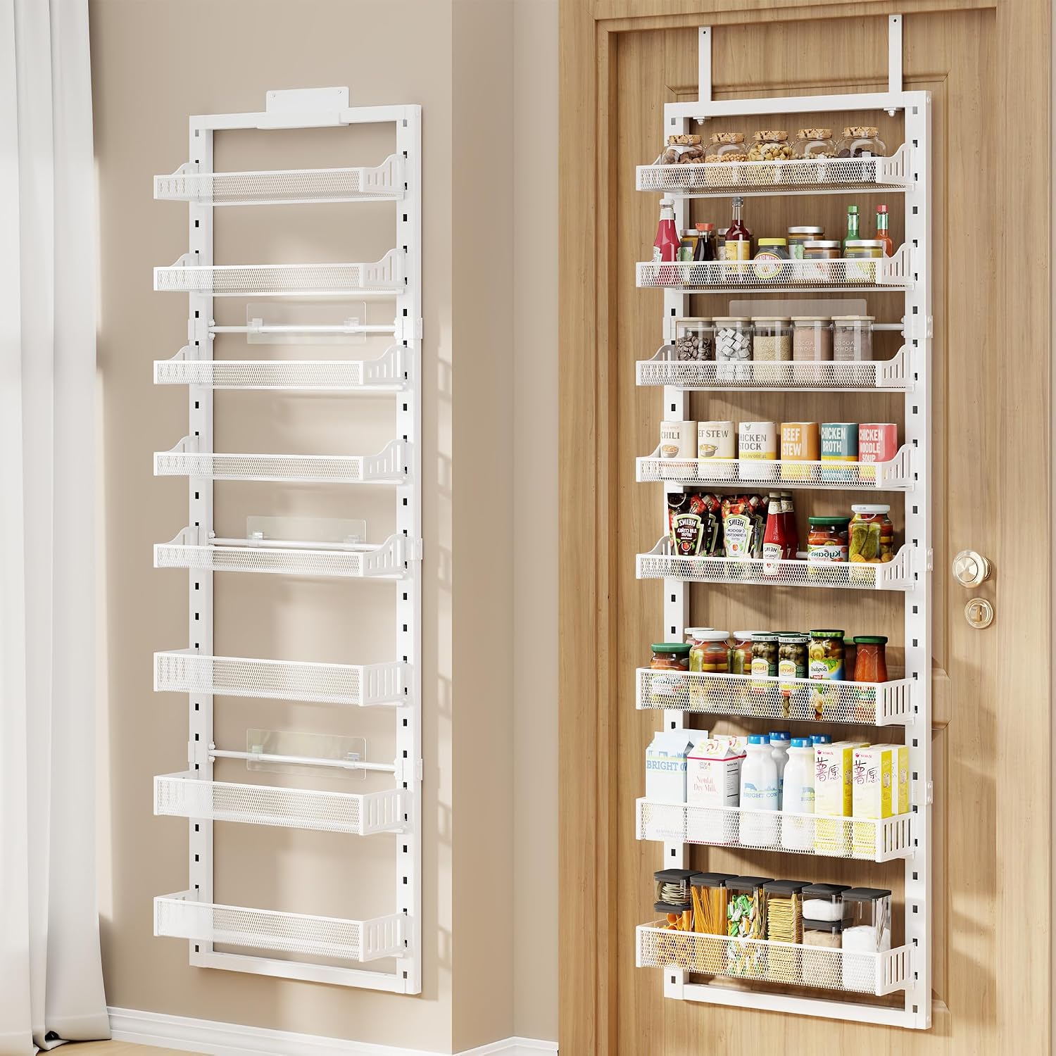 8 Tier Pantry Door Organizer, 2 IN 1 Over the Door Pantry Organizer with Metal Adjustable Baskets,Spice Rack Wall Mount or Door Organizer, Door Spice Rack for Pantry