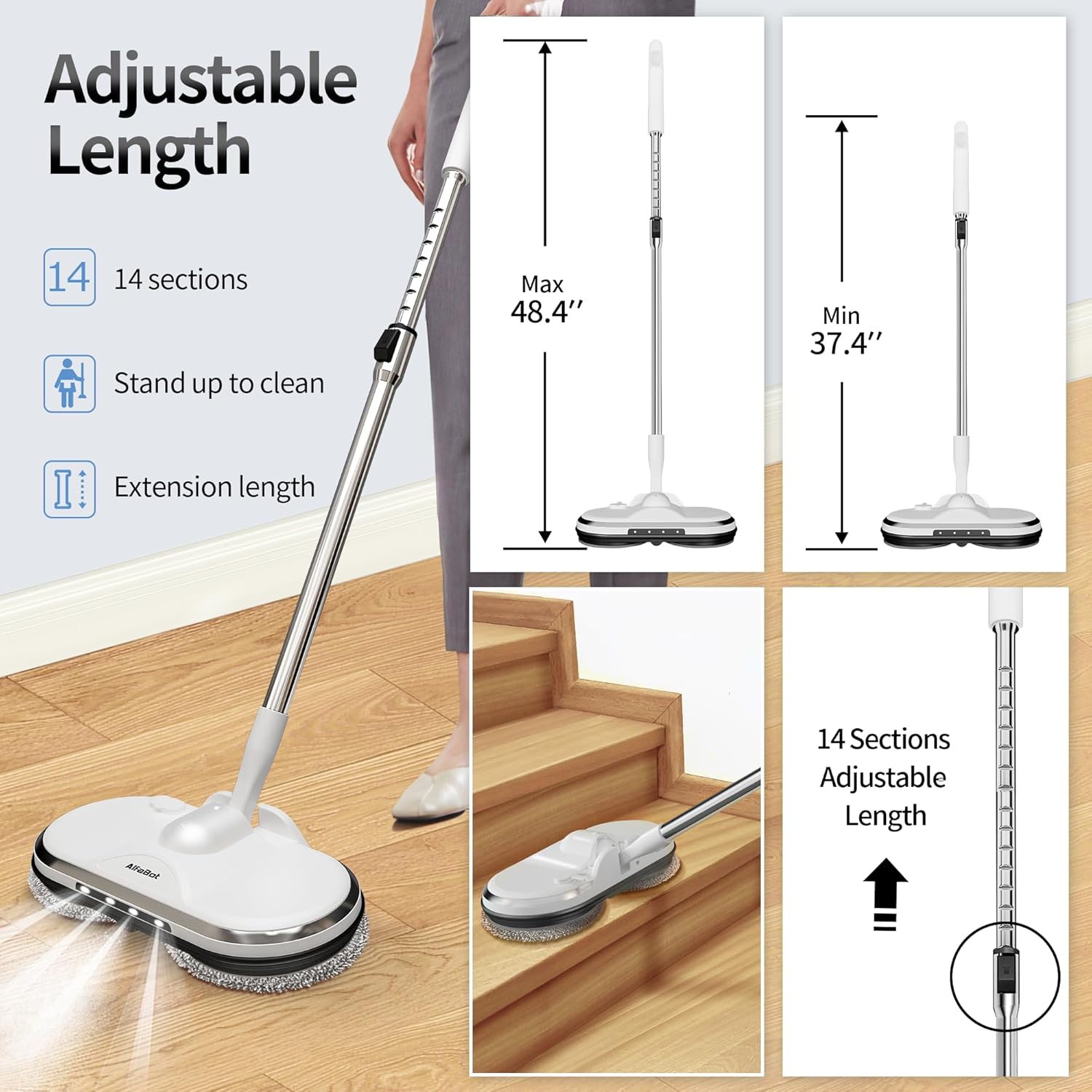 Cordless Electric Mop, WS24 Cordless Spin Mop for Floor Cleaning, Lightweight & Rechargeable Floor Cleaner with Water Sprayer and LED Headlight for Hardwood and Tile Floors, White - Image 5