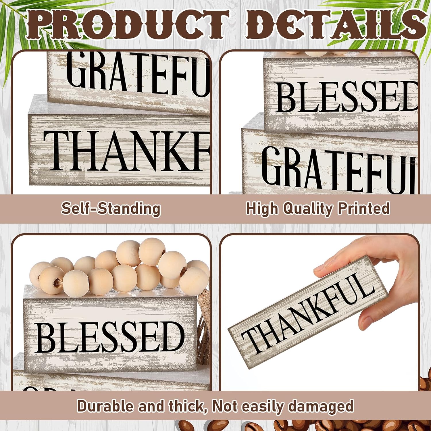 4 Pcs Farmhouse Wooden Tabletop Decor Neutral Farmhouse Tiered Tray Decor Rustic Retro Wood Bead Garland Blessed Grateful Thankful Block Sign Centerpiece for Coffee Home Office Shelf Mantle Table - Image 4