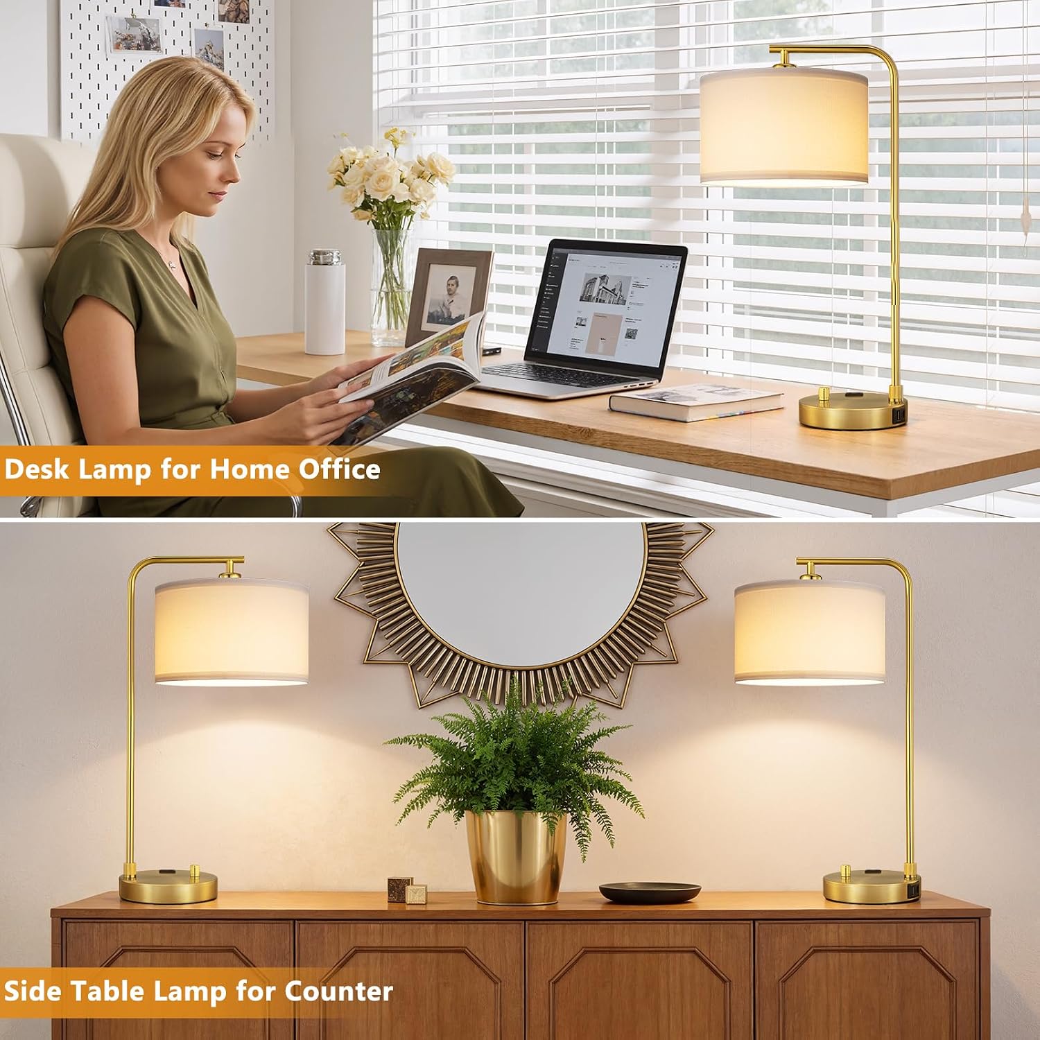 Innqoo Bedside Table Lamps for Bedroom Set of 2-Dimmable Nightstand Lamps with USB Port and Outlet,Modern Gold Lamps with Linen Shade,Tall Desk Lamps for Home Office Bedroom Living Room End Table - Image 6