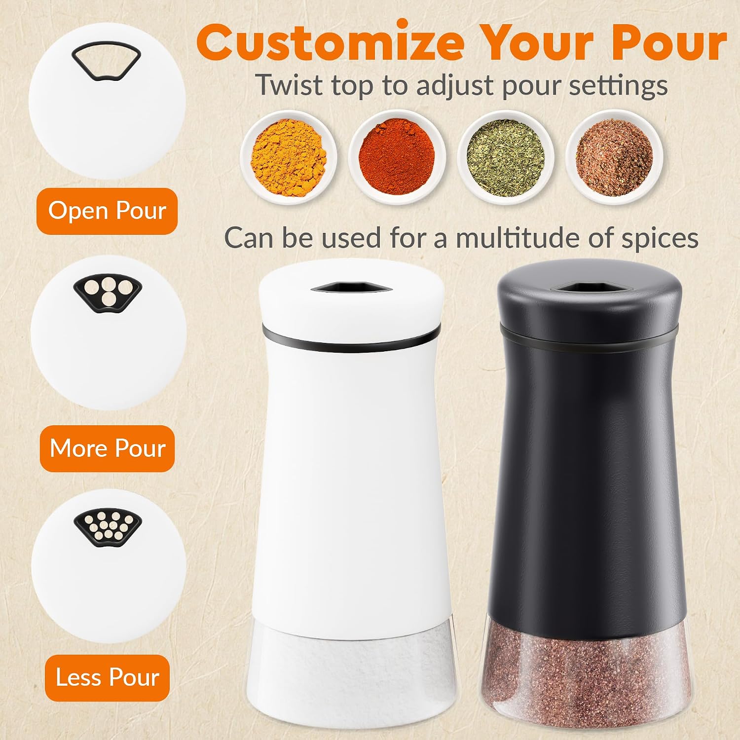 HOME EC Original Salt and Pepper Shakers Set with Adjustable Pour Holes - Black and White Salt Shaker and Pepper Shaker - Farmhouse Spice dispenser for salts, Ground peppercorn and spices - Image 2