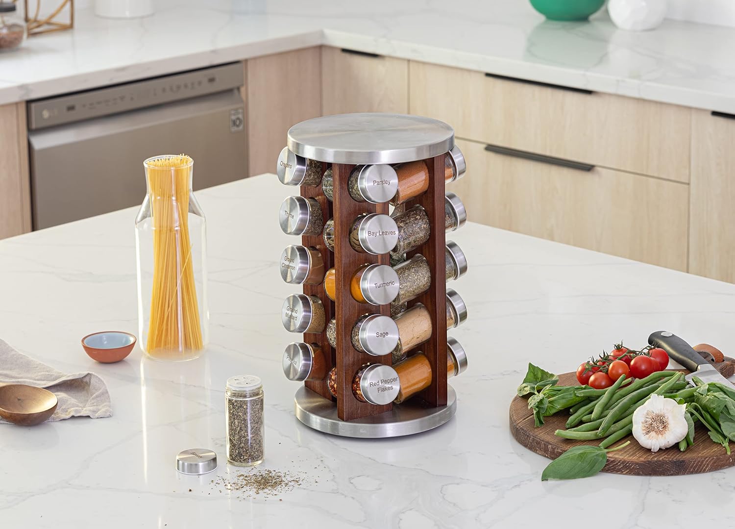 Orii 20 Jar Rotating Dark Acacia Wood Spice Rack with Spices Included & 5-Year Spice Refill Program – Rustic Wood Countertop Spice Rack with Glass Jars - Image 7