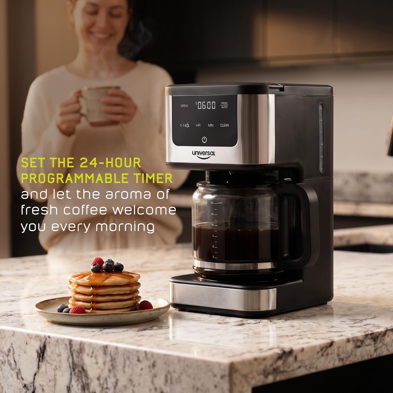 universal 14-Cup Programmable Drip Coffee Maker with 24-Hour Timer, Self-Cleaning System, Glass Carafe & Reusable Filter - Image 4