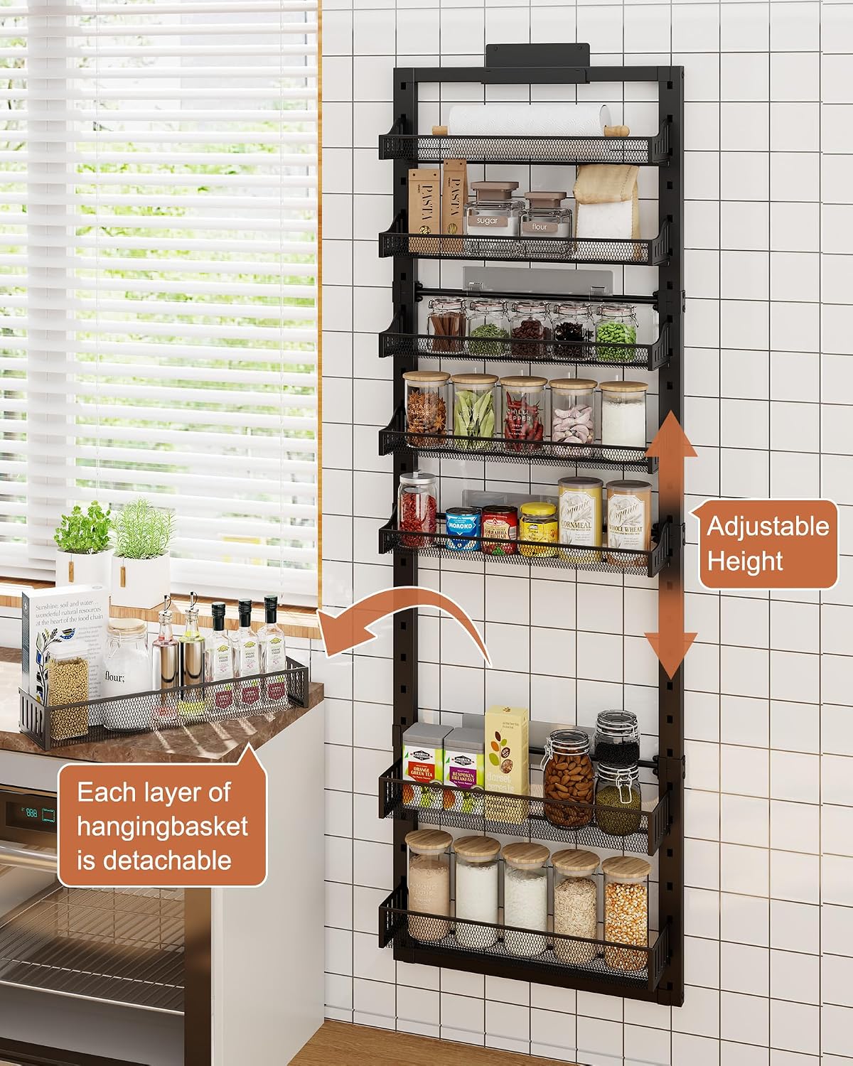8 Tier Pantry Door Organizer, 2 IN 1 Over the Door Pantry Organizer with Metal Adjustable Baskets,Spice Rack Wall Mount or Door Organizer, Door Spice Rack for Pantry - Image 7