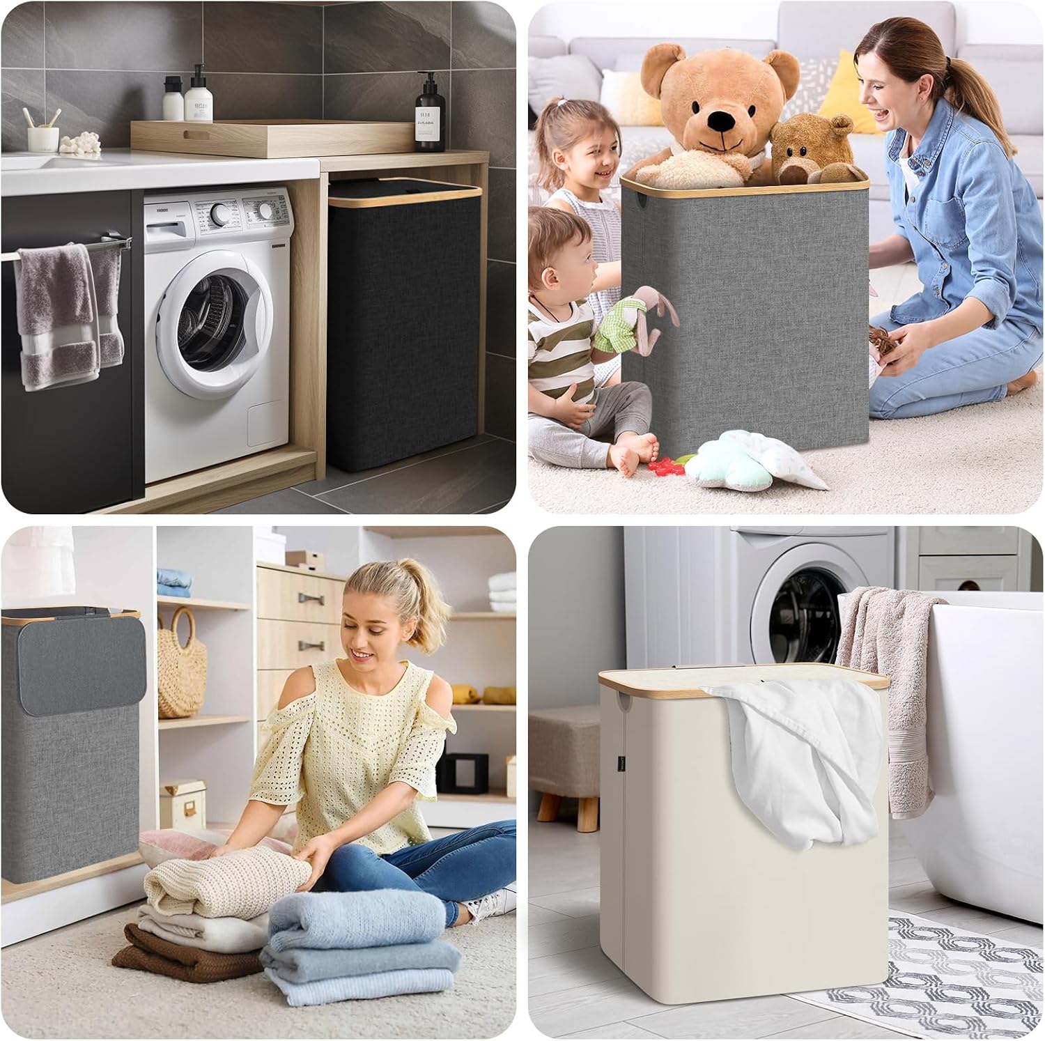 BALEINE Laundry Hamper with Lid, Tall Laundry Baskets with Bamboo Pull Handles, Large Laundry Bin with Internal Support (26 Gal/100L, Grey) - Image 7