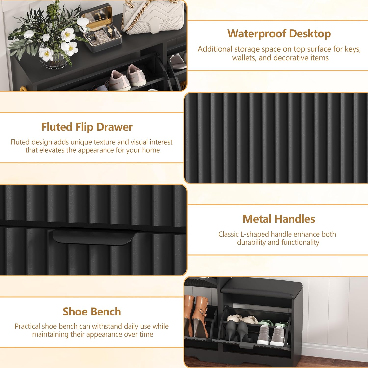 HUANLEGO Shoe Cabinet Storage for Entryway with 4 Flip Drawers, Black Fluted Shoe Cabinet with Bench, Wooden Hidden Shoe Rack Freestanding Narrow Slim Shoes Storage Organizer for Hallway, Entrance - Image 5
