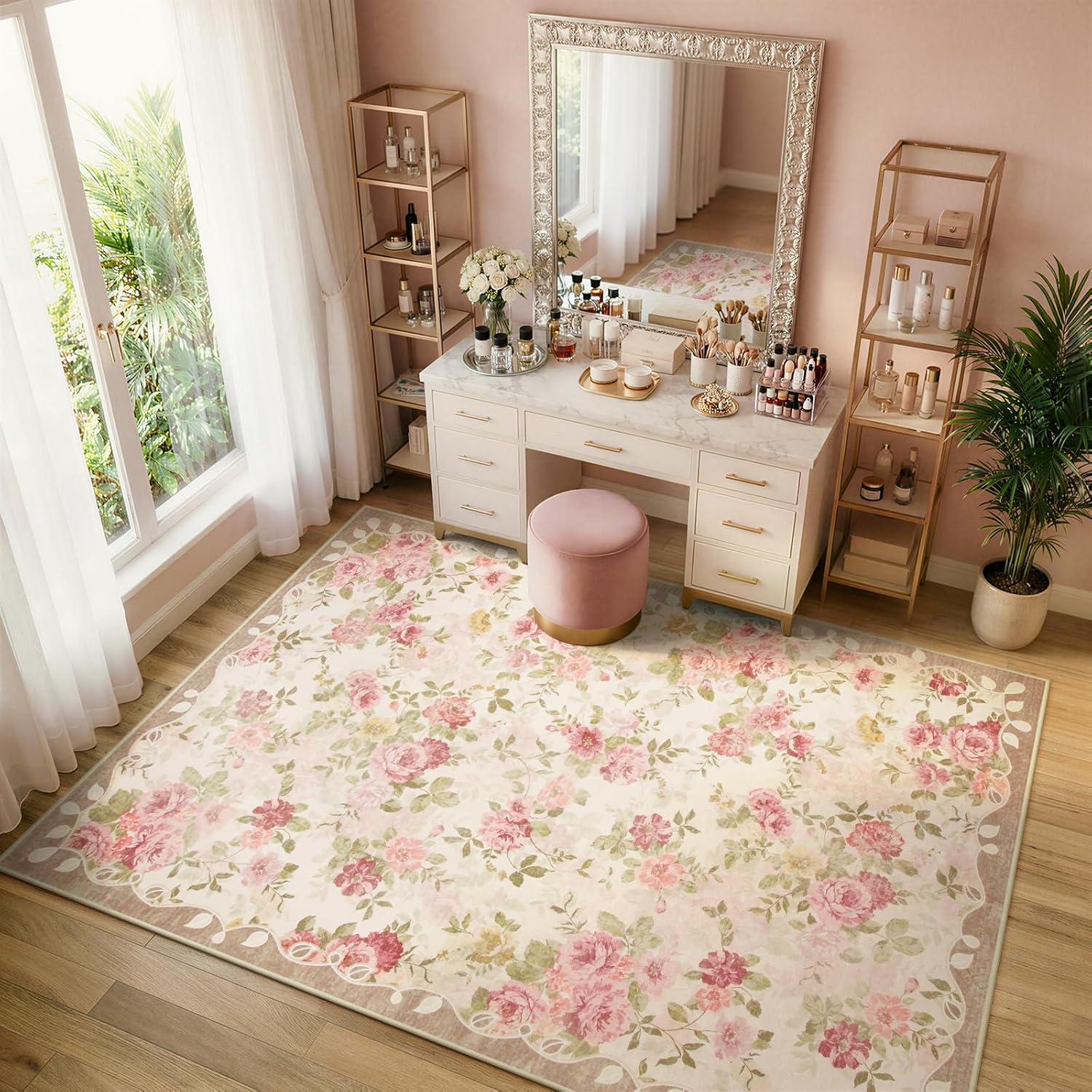 Lahome Floral Washable Rugs 5x7,Rugs for Living Room Pink Area Rug,Vintage Rugs for Bedroom Girls Non Slip Low Pile Ultra-Thin Large Carpet for Office Dining Room,Kids Playroom Nina (5'X7',Beige) - Image 9