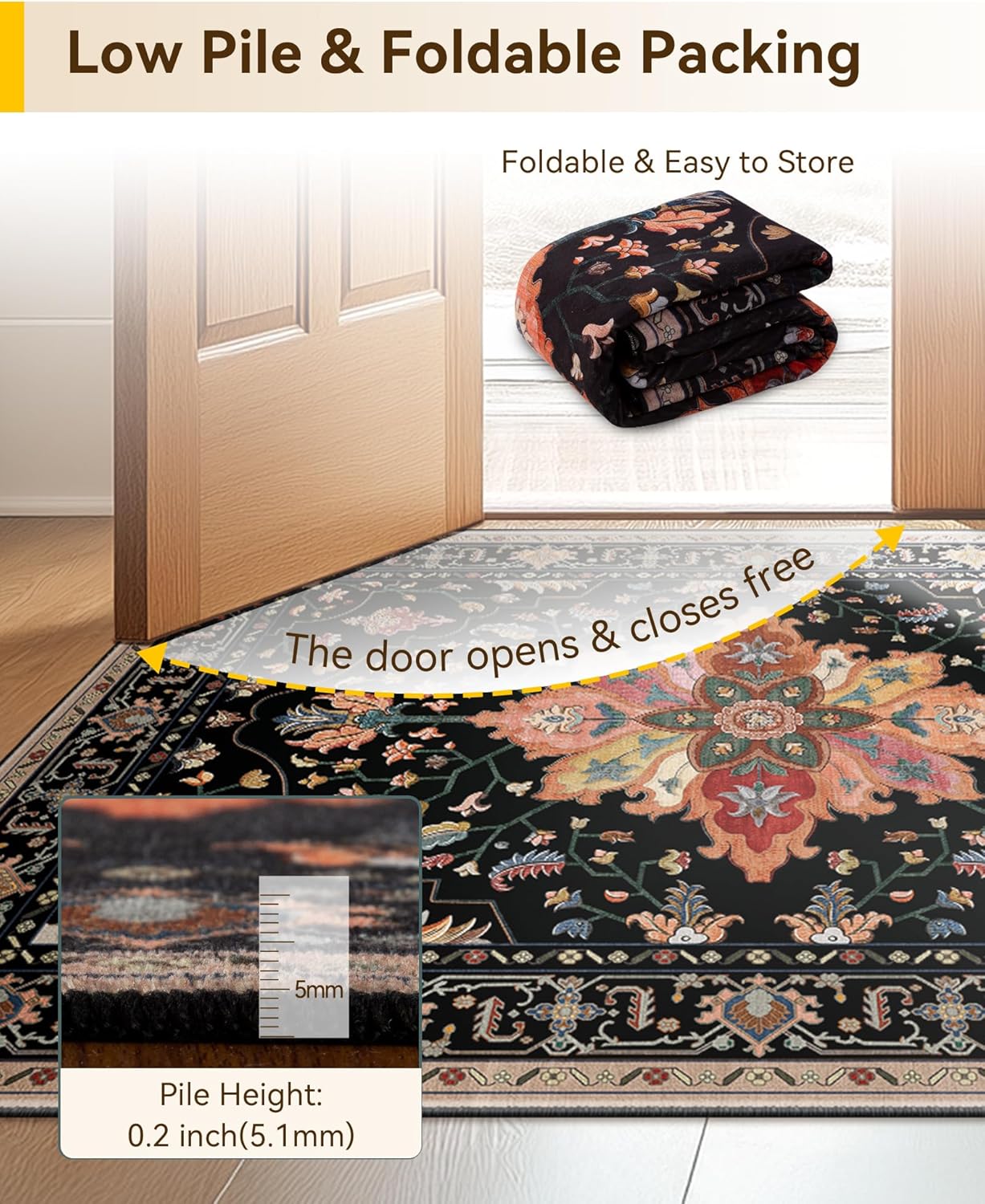 RELEANY Area Rugs Large 10'x12' Washable Non-Slip, Floral Vintage Distress Medallion Carpet for Living Room Bedroom Dining Room, Black Colorful Floral Dark Tan - Image 6