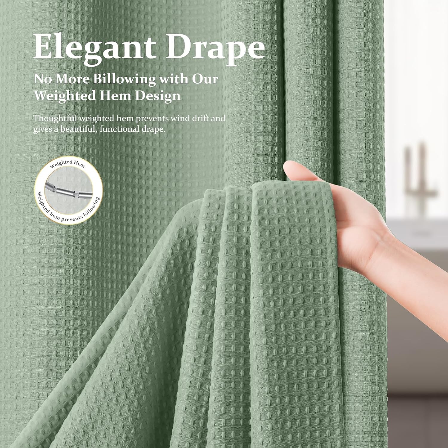 Dynamene Sage Green Shower Curtain - Waffle Textured Heavy Duty Thick Fabric Shower Curtains for Bathroom, 256GSM Luxury Weighted Polyester Cloth Bath Curtain Set with 12 Plastic Hooks,72Wx72H,Green - Image 3