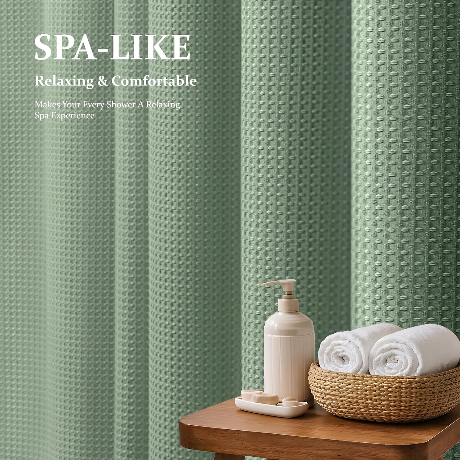 Dynamene Sage Green Shower Curtain - Waffle Textured Heavy Duty Thick Fabric Shower Curtains for Bathroom, 256GSM Luxury Weighted Polyester Cloth Bath Curtain Set with 12 Plastic Hooks,72Wx72H,Green - Image 2