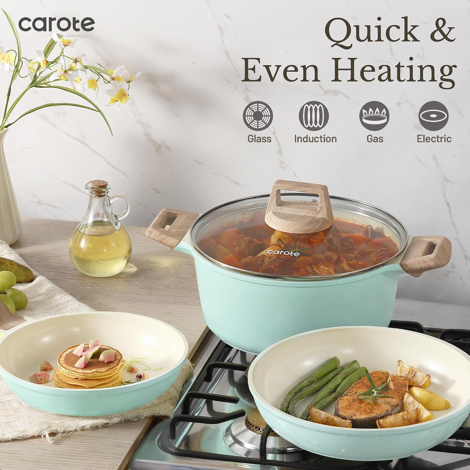 CAROTE 21-Piece Ceramic Pots and Pans Cookware Set, Non Stick Induction Cook Ware Kitchen Cooking Set Non-Toxic Health, PFAS Free - Image 7