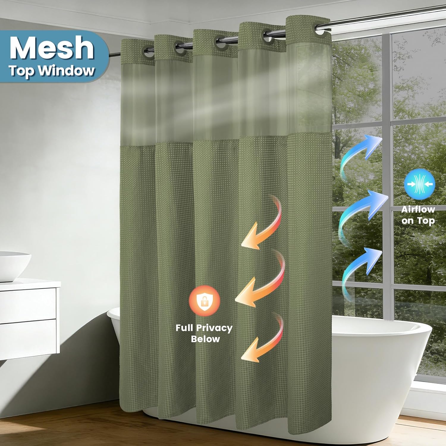 EUTXL Heavyweight Sage Green Hotel Shower Curtain - 256GSM Waffle Textured Heavy Duty Thick Fabric Shower Curtains for Bathroom,71W x 74H - Image 6