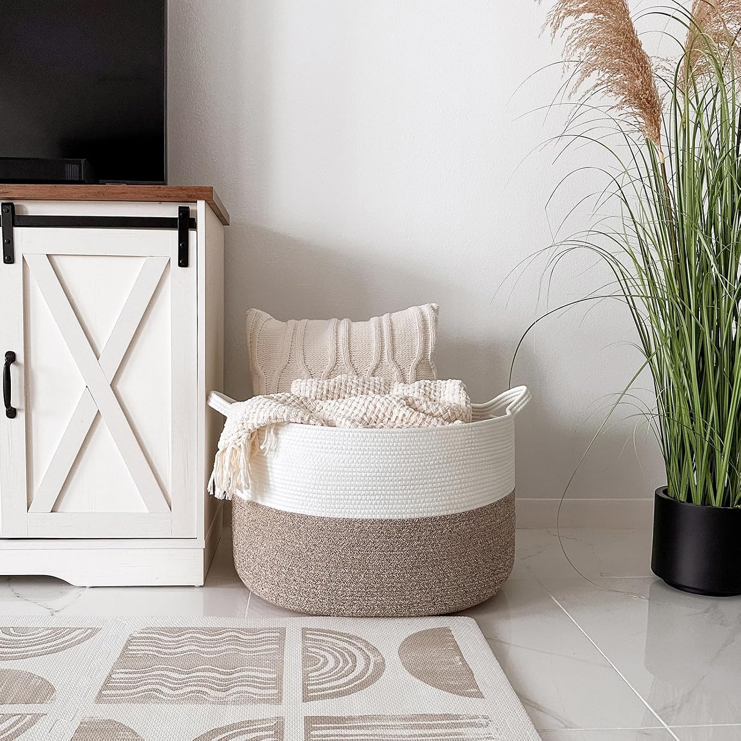 INDRESSME XXXLarge Blanket Basket for Living Room 21.7" x 21.7" x 13.8"-Storage Basket with Handle for Organizing Toy Pillows Woven Cotton Rope Laundry Basket Stuffed Animal Toy Storage for Play Room - Image 5