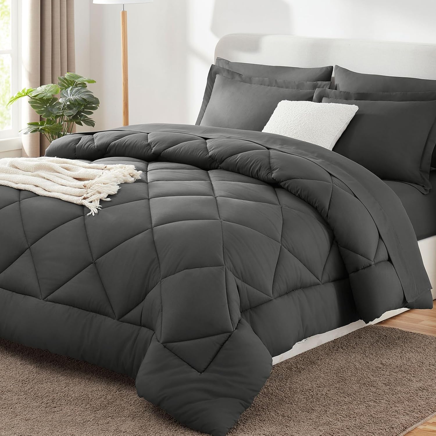 CozyLux King Size Comforter Set Dark Grey - 7 Pieces Bed in a Bag King, Luxury Soft Bed Set for All Seasons, Bedding Set with Down Alternative Comforter, Sheets, Pillowcases & Shams