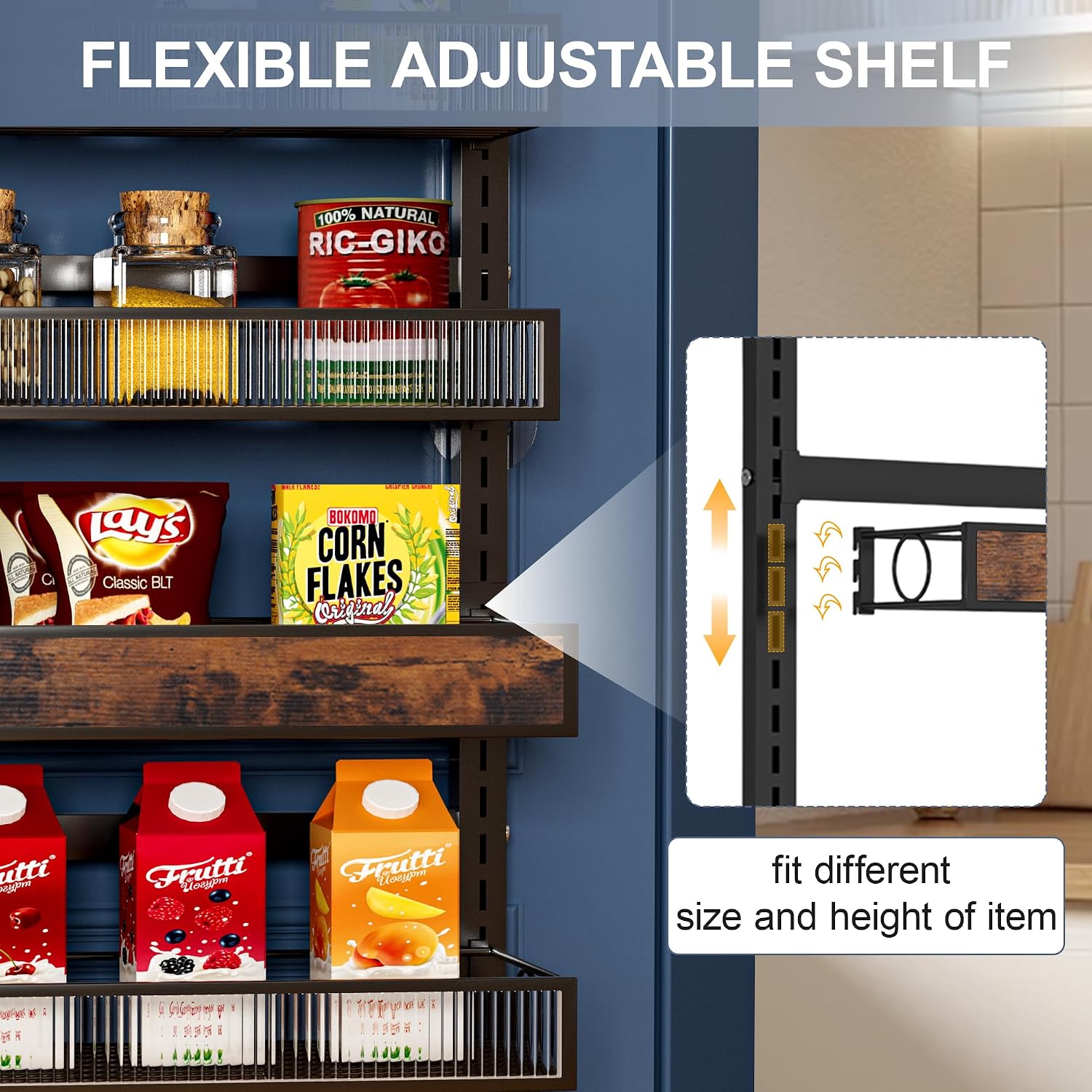 8 Tier Pantry Door Organizer Spice Rack, 2-IN-1 Wall Mount or Hanging Over Door Seasoning Organizer with Adjustable Baskets, Heavy Duty Behind Door Storage Shelves for Pantry, Cabinet and Kitchen - Image 3