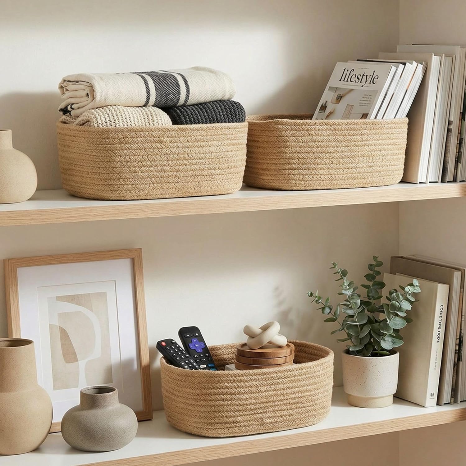 Beautiful Storage Basket Set of 3 - Sturdy Jute Rope Baskets for Shelves Are Perfect for Organizing Your Home - Quality Storage Bins Easily Fit With Any Nursery or Bedroom Decor - Image 9