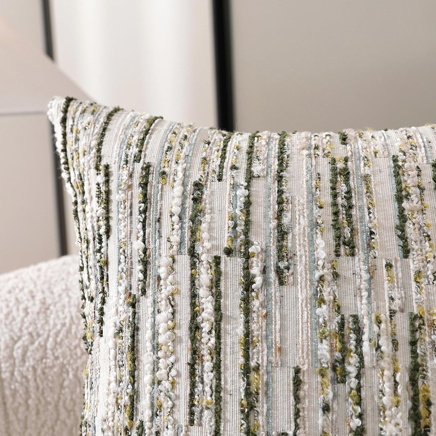 Striped Throw Pillow Covers 18x18 Set of 2 Green Textured Boucle Chic Morden Boho Accent Farmhouse Decorative Chenille Pillow Covers for Home Decor Bed Sofa Living Room - Image 5