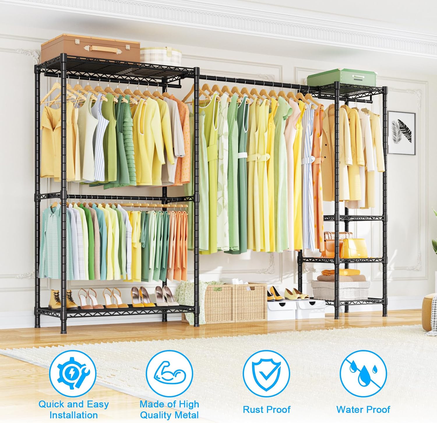 Ulif E10 Clothes Rack(With Stretchable Hanger Rod)Freestanding Clothing Racks for Hanging Clothes,Adjustable Closet Organizer System,Portable Garment Rack 73-97"W x 15" D x 72" H,Max Load 800LBS,Black - Image 3
