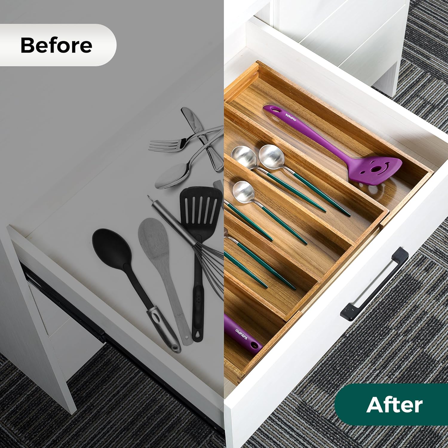 Utoplike Acacia Kitchen Drawer Organizer Expandable, Large Utensils and Cutlery Tray, Adjustable Silverware Divider for Knives Flatware - Image 5