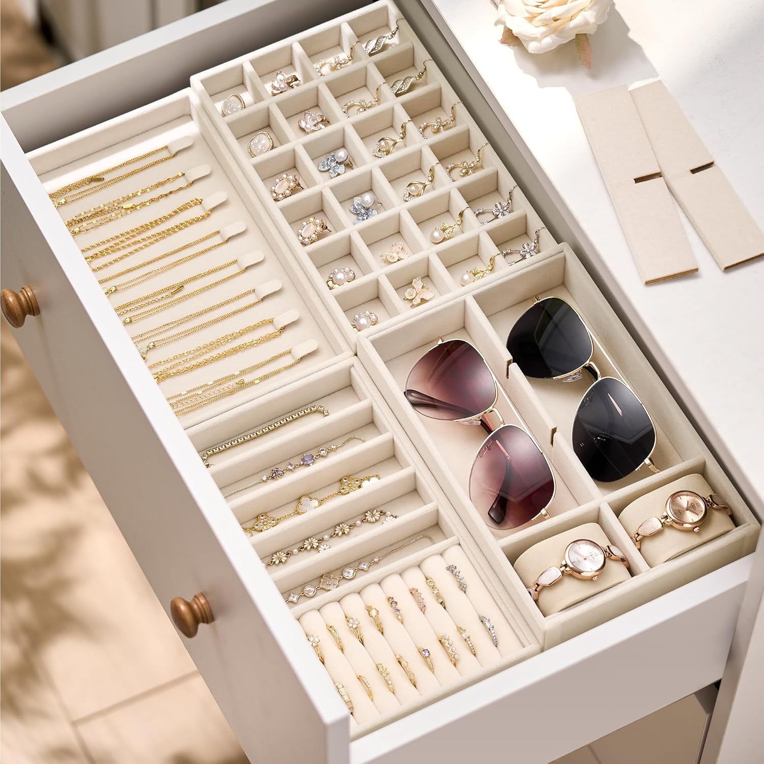 Velvet Jewelry Drawer Organizer Trays – 4-Layer Stackable Jewelry Storage Inserts Set, Beige Jewelry Tray Set for Earrings, Rings, Necklaces, Bracelets with Removable Dividers for Dresser & Vanity - Image 5