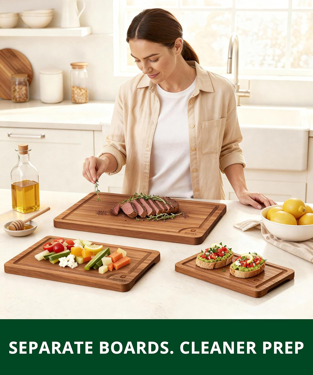 ROYAL CRAFT WOOD Wooden Cutting Boards for Kitchen Meal Prep & Serving - Non Toxic Bamboo Wood Cutting Board Set with Deep Juice Groove Side Handles - Charcuterie & Chopping Butcher Block for Meat - Image 4
