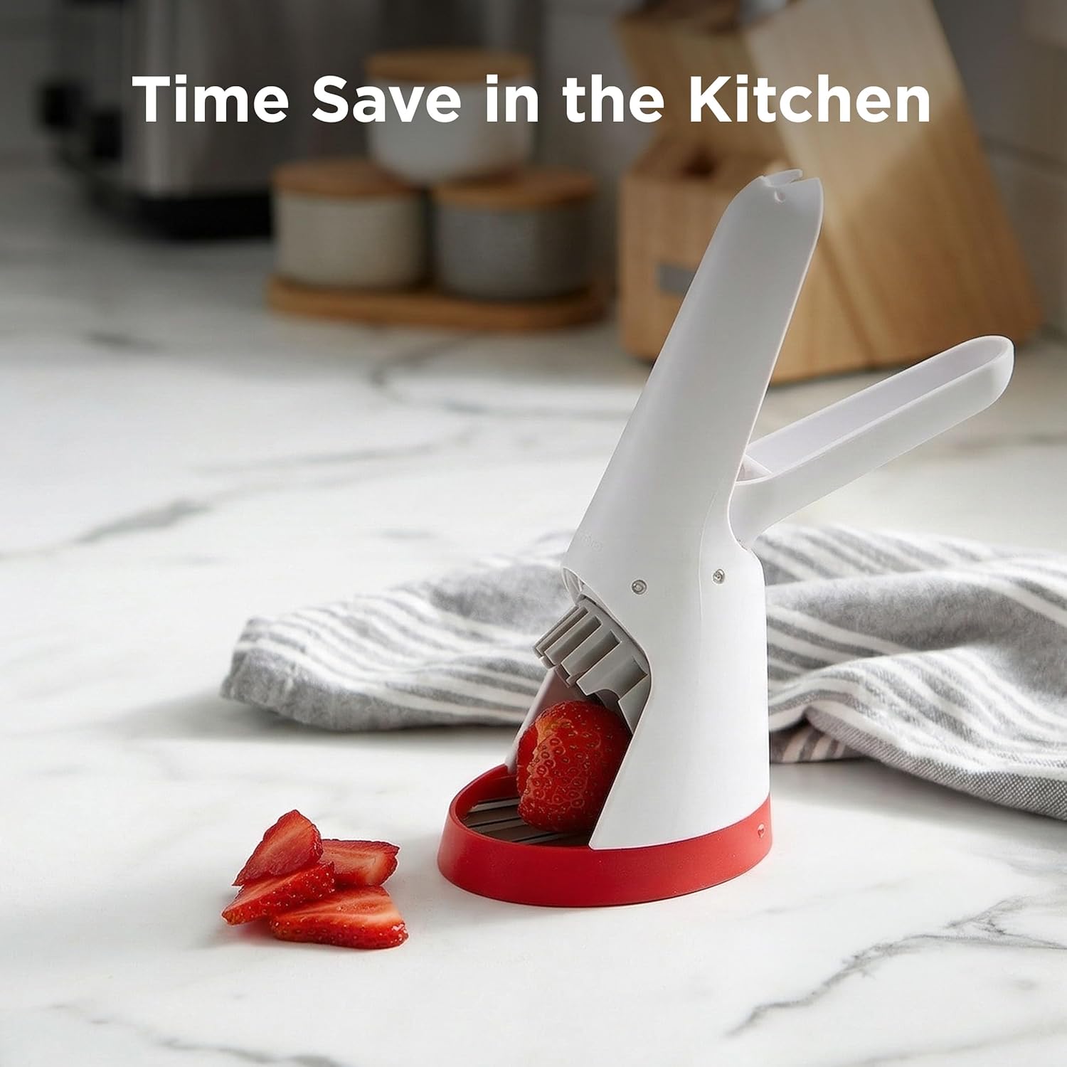 Chef'n Hand-Held Slicer Strawberry Slicester, Updated Design, Cherry/Meringue (102-712-400) - Image 7