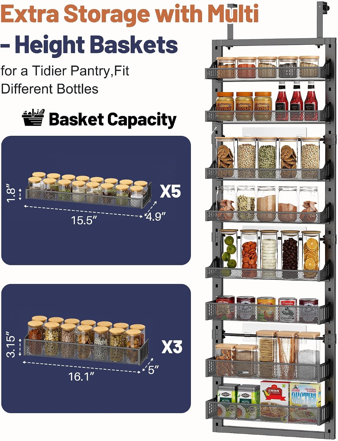 8 Tier Pantry Door Organizer, 2 IN 1 Over the Door Pantry Organizer with Metal Adjustable Baskets,Spice Rack Wall Mount or Door Organizer, Door Spice Rack for Pantry - Image 3