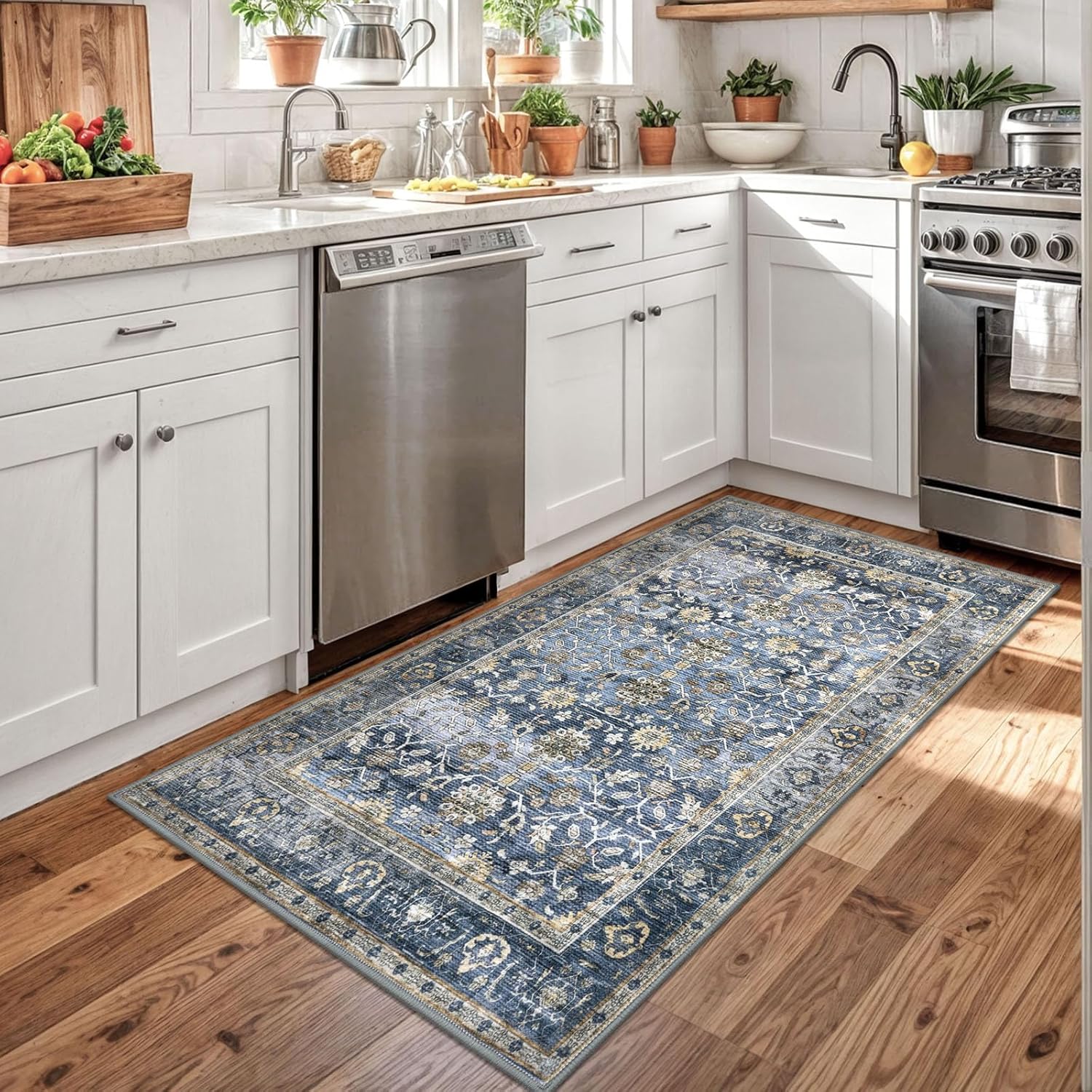 KUTA Vintage Floral 3x5 Entryway Rug, Area Rugs for Living Room Blue Grey Beige Washable Kitchen Carpet Non-Slip, Ultra Thin Soft Printed Distressed Oriental Entry Low-Pile Throw for Dining Room Dorm - Image 3