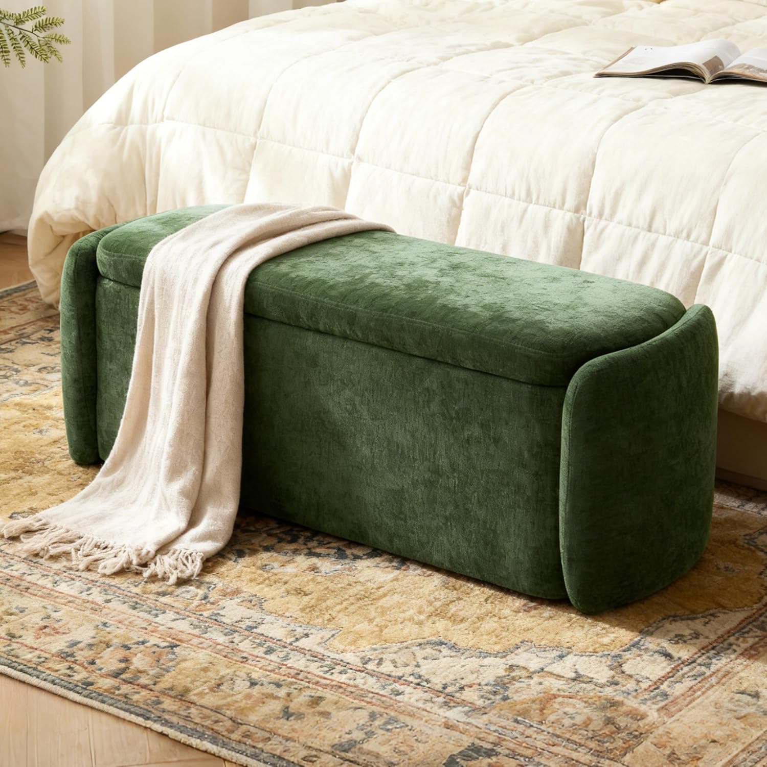VKNOW 46" Oval Storage Ottoman Bench, Upholstered End of Bed Bench Ottomans Bench Foot Rest, Sherpa Storage Bench for Bedroom, Living Room and Hallway, Green - Image 6