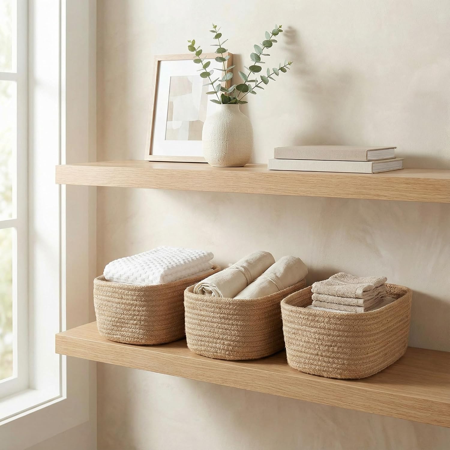 Beautiful Storage Basket Set of 3 - Sturdy Jute Rope Baskets for Shelves Are Perfect for Organizing Your Home - Quality Storage Bins Easily Fit With Any Nursery or Bedroom Decor - Image 8