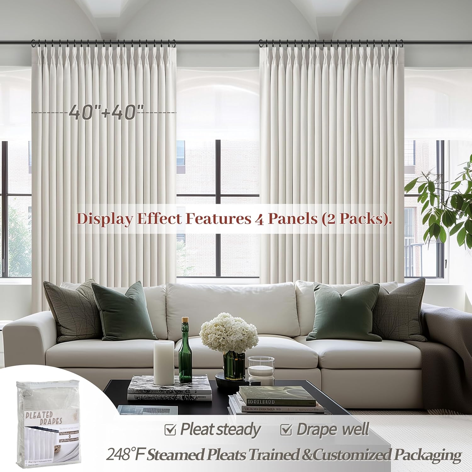 100% Blackout Linen 96 Inch Curtains 2 Panel Set for Bedroom, Modern Pinch Pleated Natural Linen Off Beige White Insulated Heavy Curtain 40 x 96 Inches Length Sliding Glass Door Room Darkening Drapes - Image 4