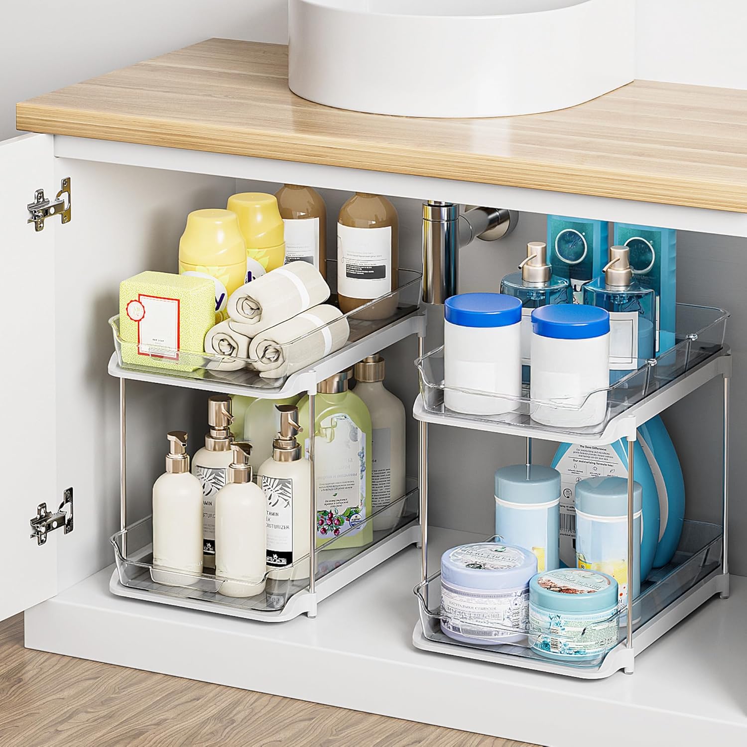 Delamu 2-Tier Multi-Purpose Bathroom Under Sink Organizers and Storage, Stackable Kitchen Pantry Organization, Pull Out Medicine Cabinet Organizer with Movable Dividers, White, 2 Pack - Image 5
