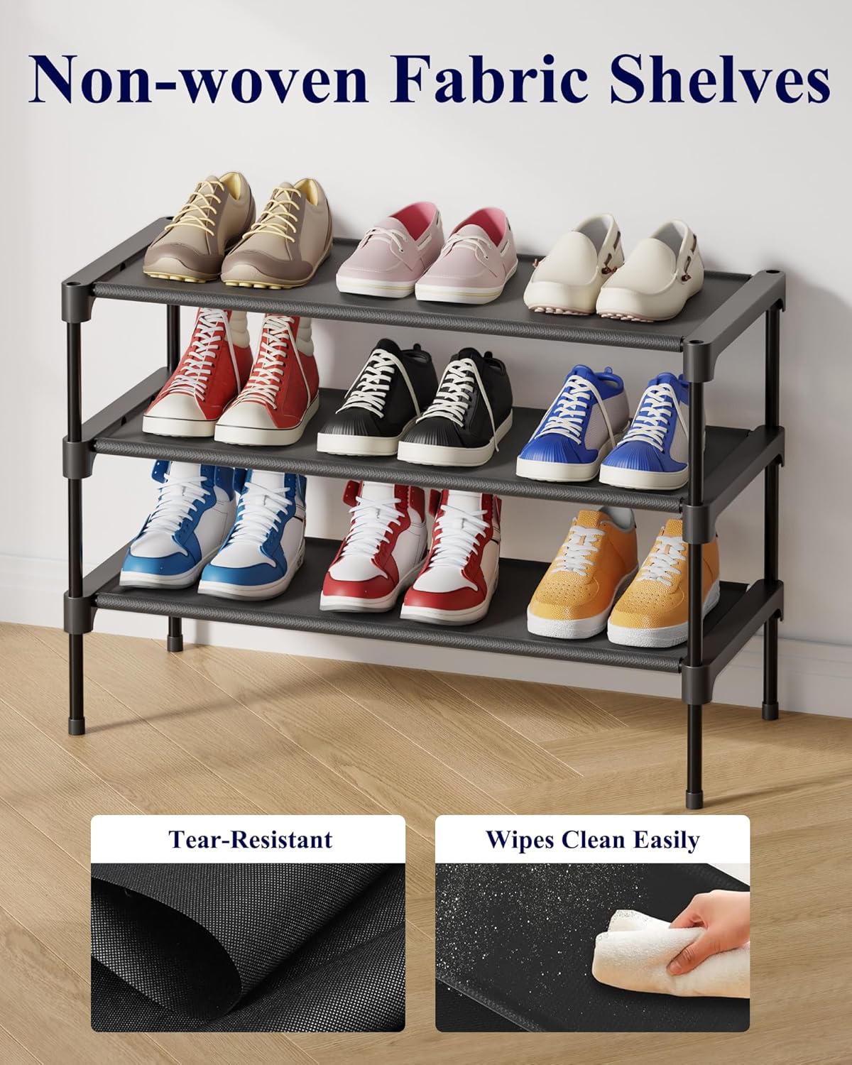 Kitsure Shoe Rack - Non-Woven Shoe Rack Shelf, Shoe Organizer for Closet, Entryway, Garage & Corridor, Stackable Shoe Shelves, 27.5" Wide - 3 Tier, Black - Image 5
