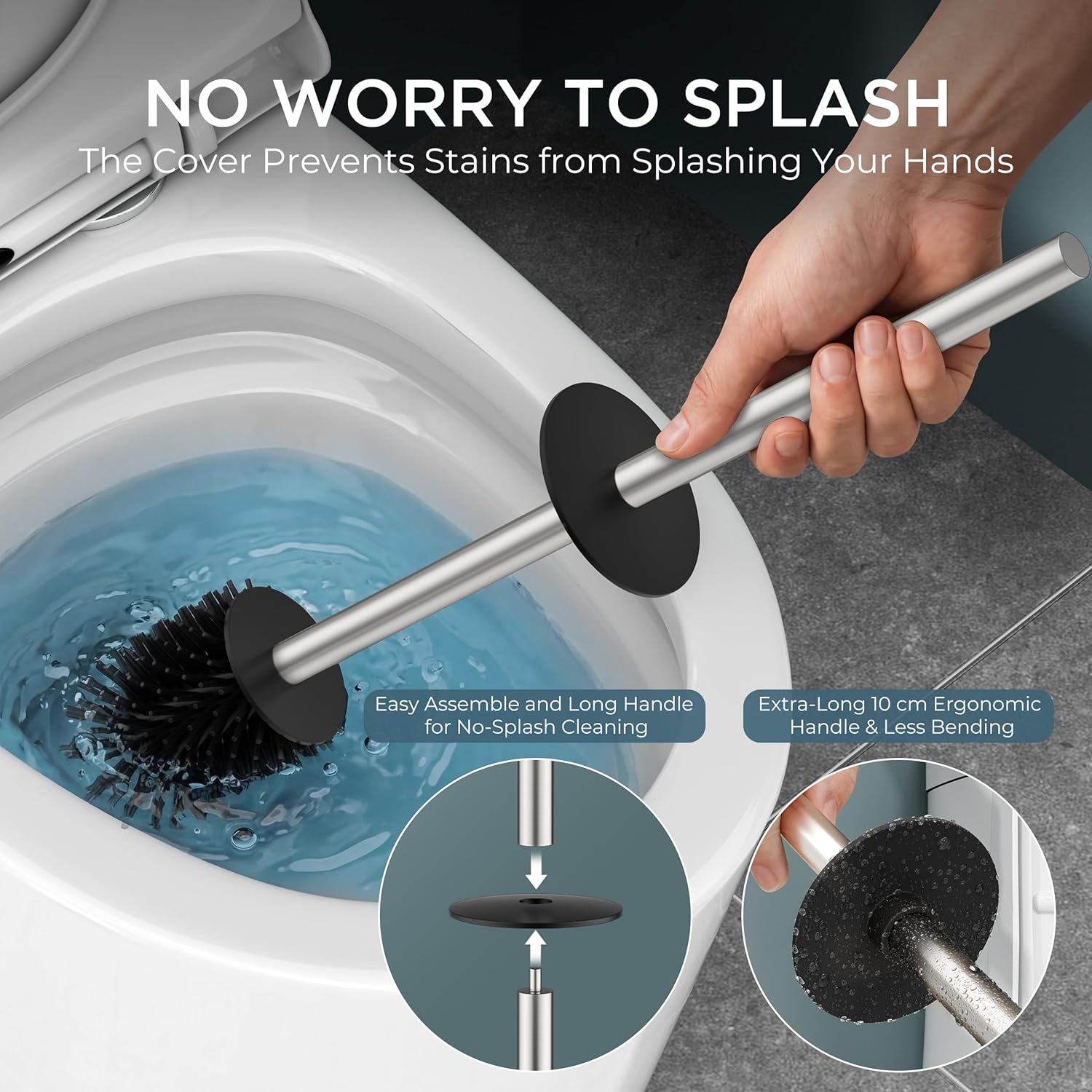 FORIOUS Toilet Brush and Holder Set, SUS304 Stainless Steel Square Base, Extended Long Handle, Drip-Proof & Space Saving, 2 Replaceable Brush Heads, Plastic & Silicone Dual Brush Head, Brushed Nickel - Image 2