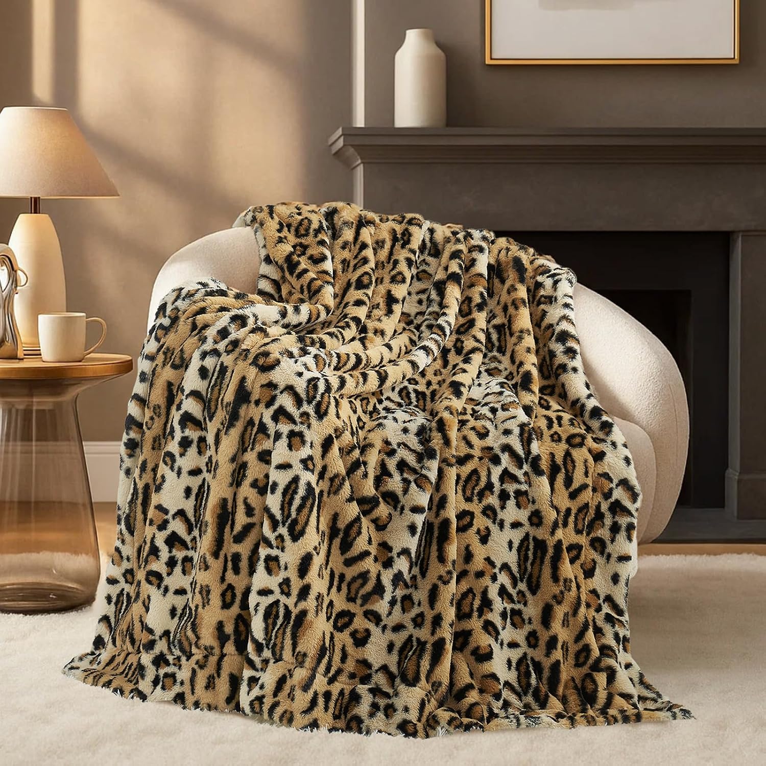 Cozy Bliss Luxury Faux Fur Throw Blanket Leopard Print, Non Shedding Double Sided Sherpa Blankets Super Soft Fluffy Thick Warm Throws Home Decor for Couch Bed Sofa Women,50"*60"Inches Brown Leopard - Image 2