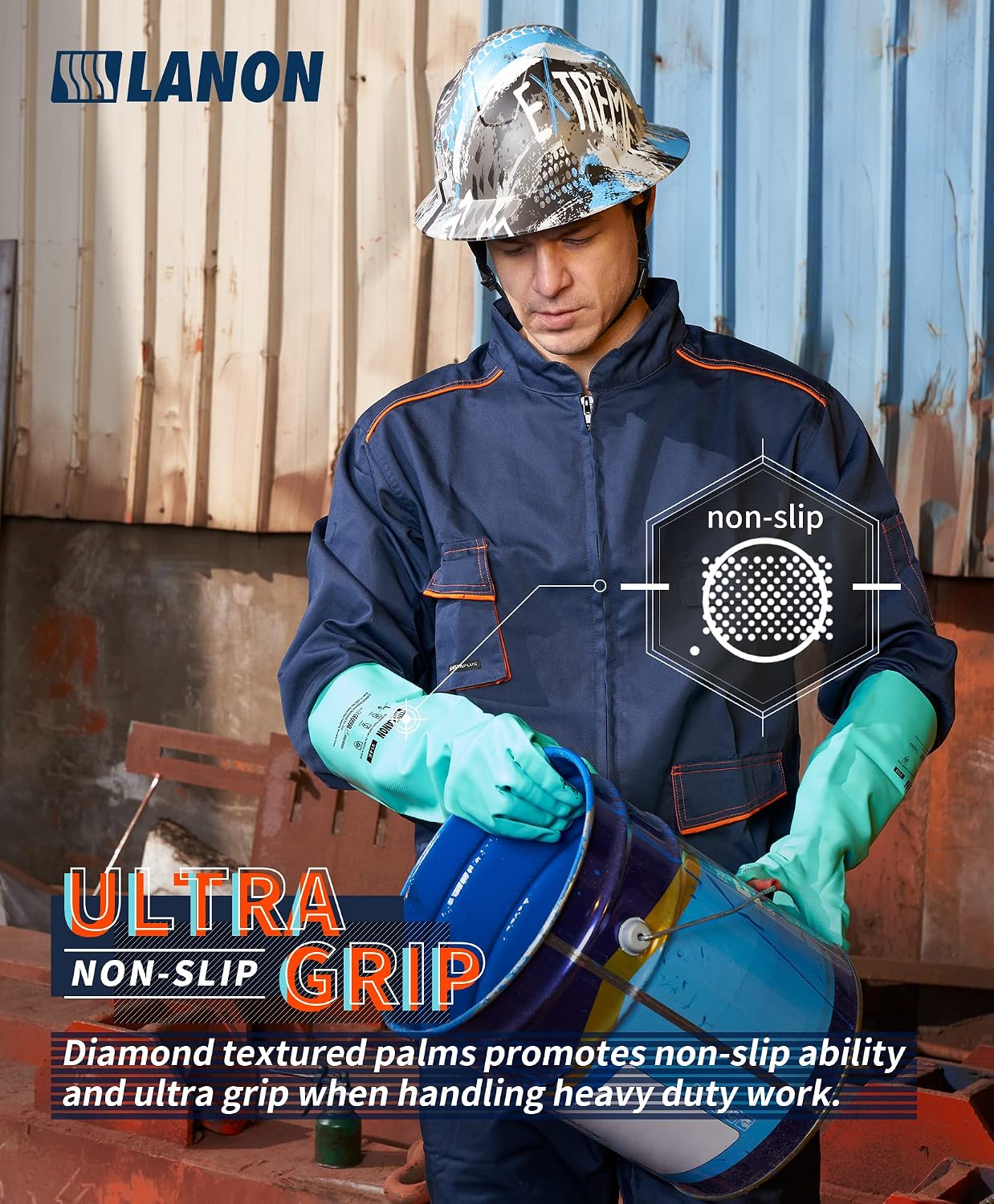 LANON Nitrile Chemical Resistant Gloves, Reusable Heavy Duty Safety Work Gloves, Acid, Alkali and Oil Protection, 18" Length, Non-Slip, Large - Image 3
