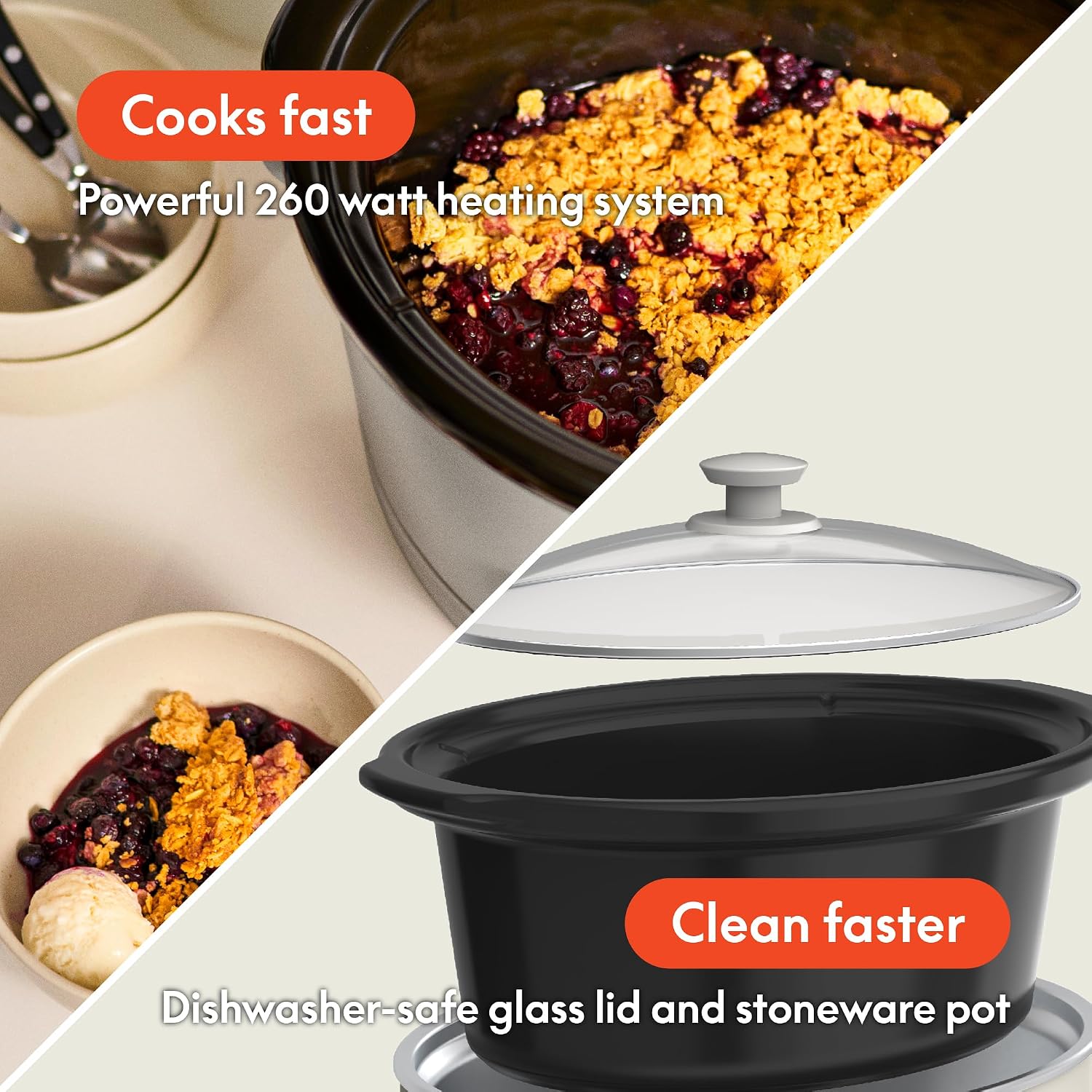 bella 6.0 Qt Programmable Slow Cooker, Ceramic Nonstick Coating, Adjustable Temperature & Cooking Times, Dishwasher Safe Stoneware Pot & Tempered Glass Lid, Tangle Free Cord Wrap, Oatmilk - Image 4