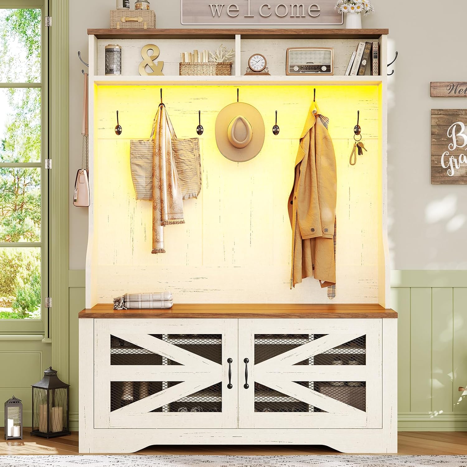 Itaar Hall Tree with Bench and Shoe Storage, 5-in-1 Entryway Bench with Coat Rack, 10 Shoe Cubbies & 9 Coat Hooks, Barn Door & Adjustable Shelf (White) - Image 9