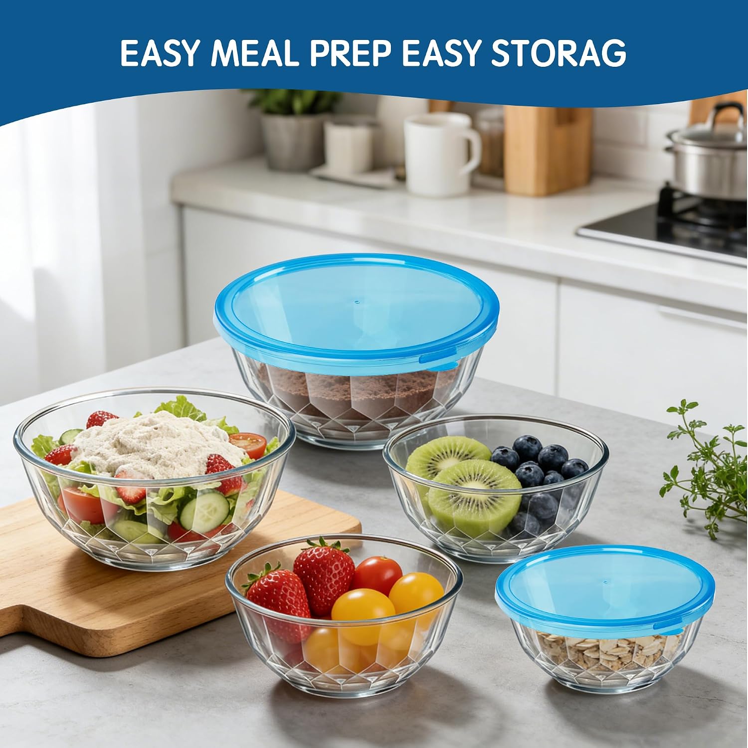 ENVTEK Thick Glass Mixing Bowls with Airtight Lids Set, 5-Piece Nesting Bowls for Baking & Meal Prep, BPA Free, Dishwasher Safe, 0.5/0.8/1.6/2.7/4.4 Quart - Blue - Image 8