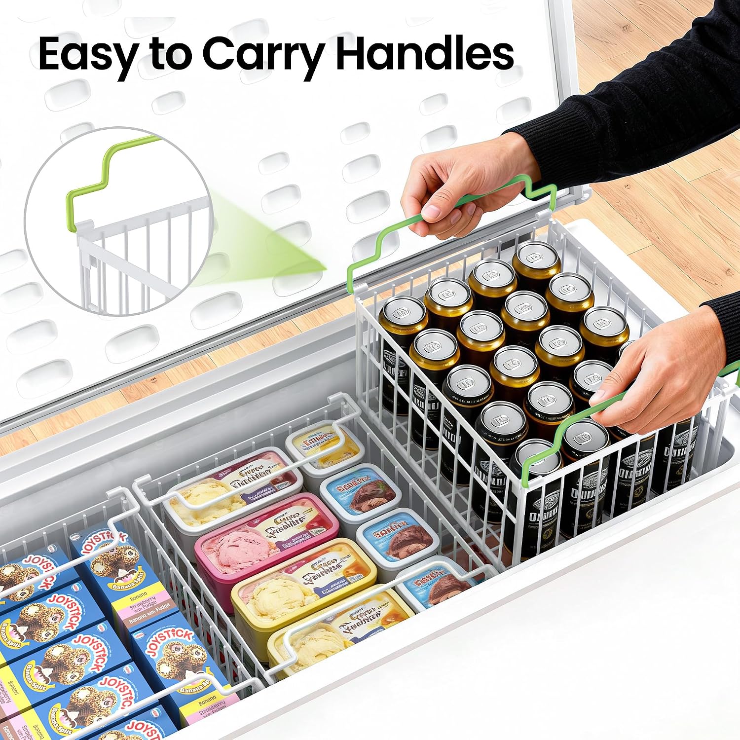MSERCUOR Freezer Organizer Bins, 3 Pack Big Stackable Deep Chest Freezer Organizer Bins, Foldable Baskets with Handles, White Storage Container Baskets for 5 to 9 Cu.FT Deep Freezer Sort Frozen Meats - Image 6
