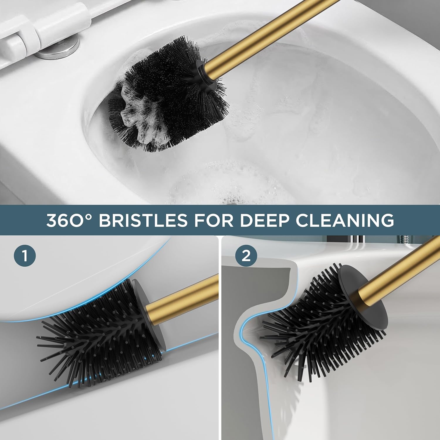 FORIOUS Toilet Brush and Holder Set, SUS304 Stainless Steel Square Base, Extended Long Handle, Drip-Proof & Space Saving, 2 Replaceable Brush Heads, Plastic & Silicone Dual Brush Head, Drak Gold - Image 5