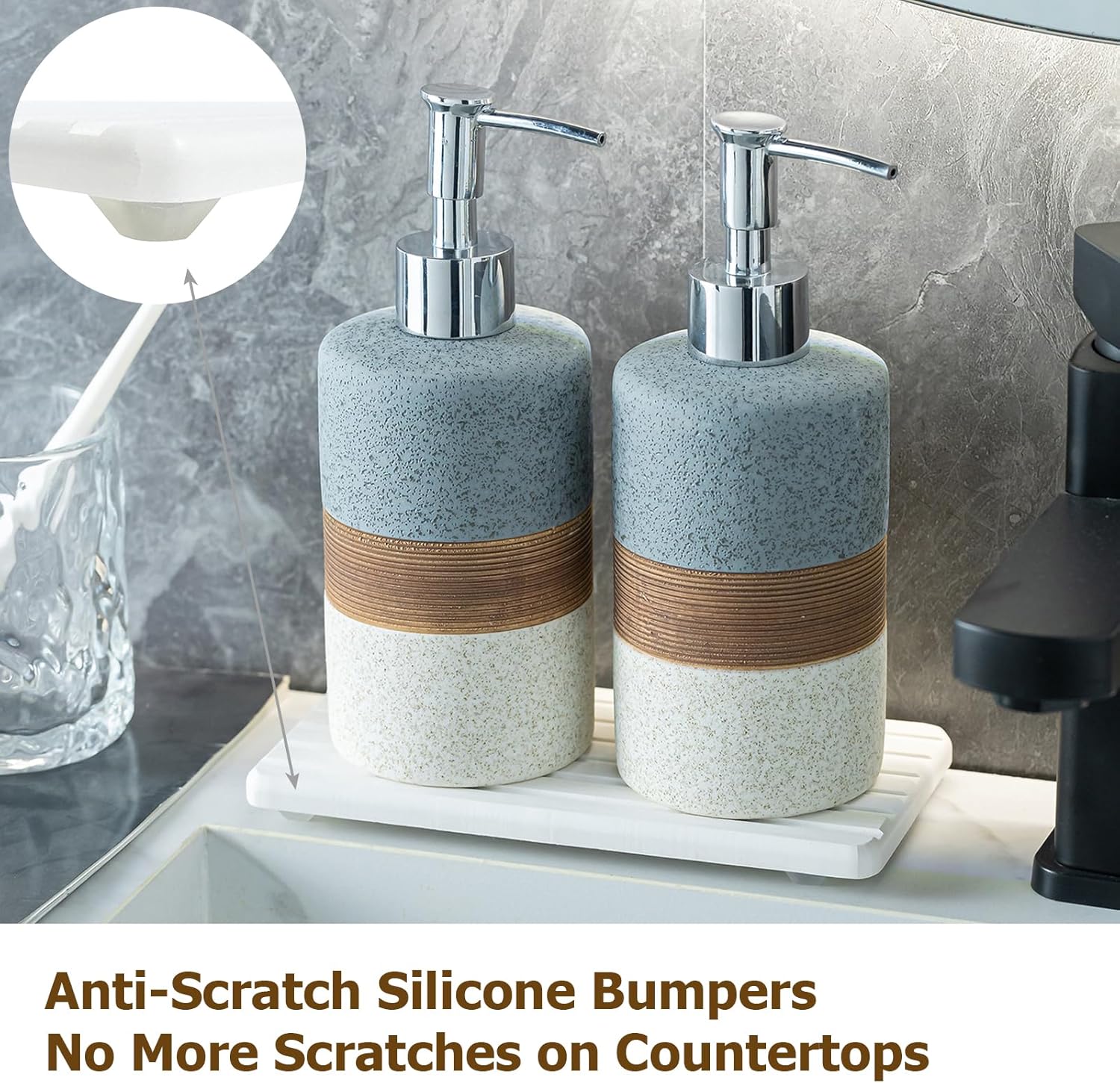 Ceramic Soap Dispenser Set(2 Pack) – Hand Soap, Dish Soap, Shampoo & Shower Soap Dispenser for Bathroom & Kitchen, Stainless Steel Pump, Includes Silicone Funnel & Diatomaceous Tray, Gray - Image 7