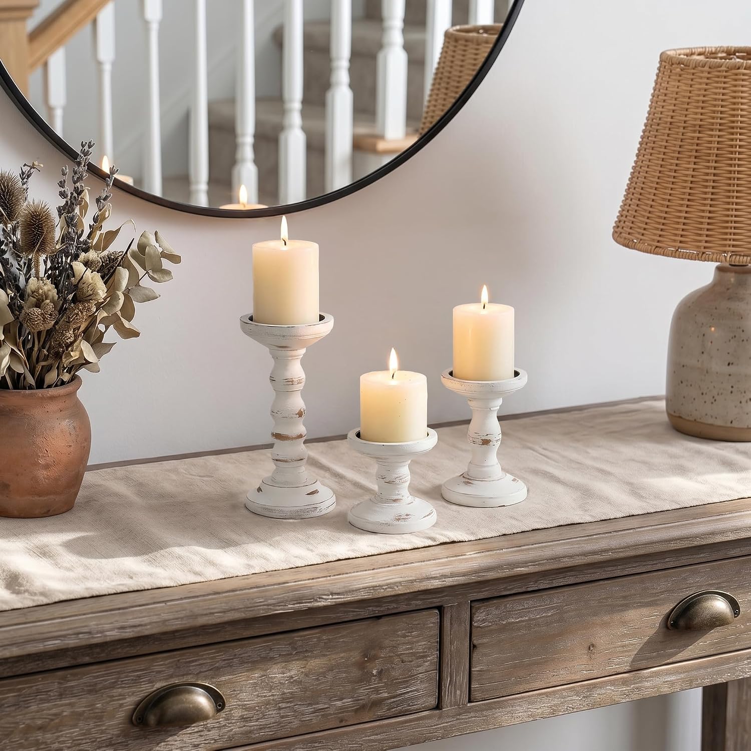 Romadedi Wood Candle Holders for Pillar Candles - Set of 3 Tall Farmhouse Wooden Candlestick Holder, Rustic Candle Stand for Fireplace Mantle Shelf Table Home Decor, Brown Whitewashed 3.9"/6"/ 8.3" - Image 4