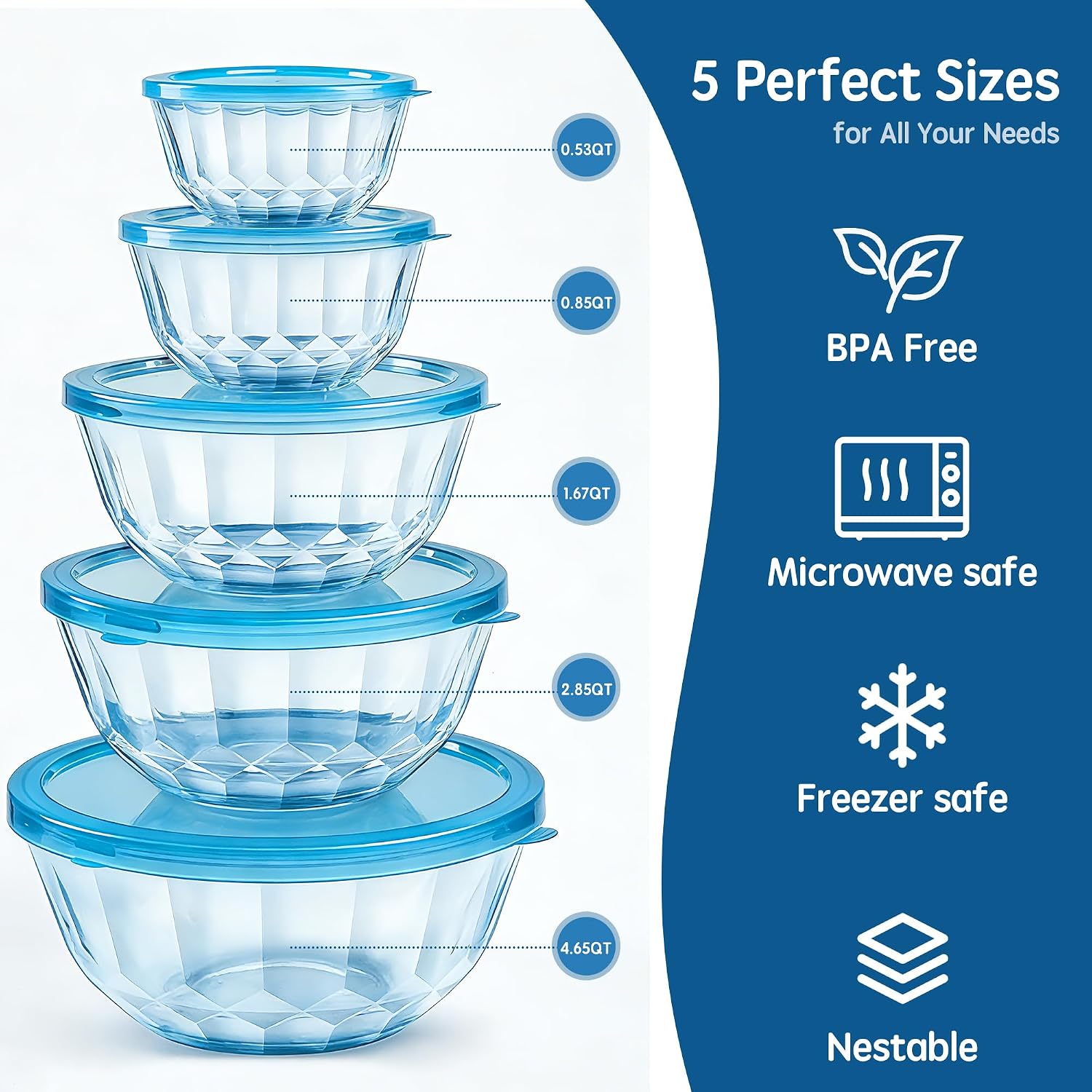 ENVTEK Thick Glass Mixing Bowls with Airtight Lids Set, 5-Piece Nesting Bowls for Baking & Meal Prep, BPA Free, Dishwasher Safe, 0.5/0.8/1.6/2.7/4.4 Quart - Blue - Image 3