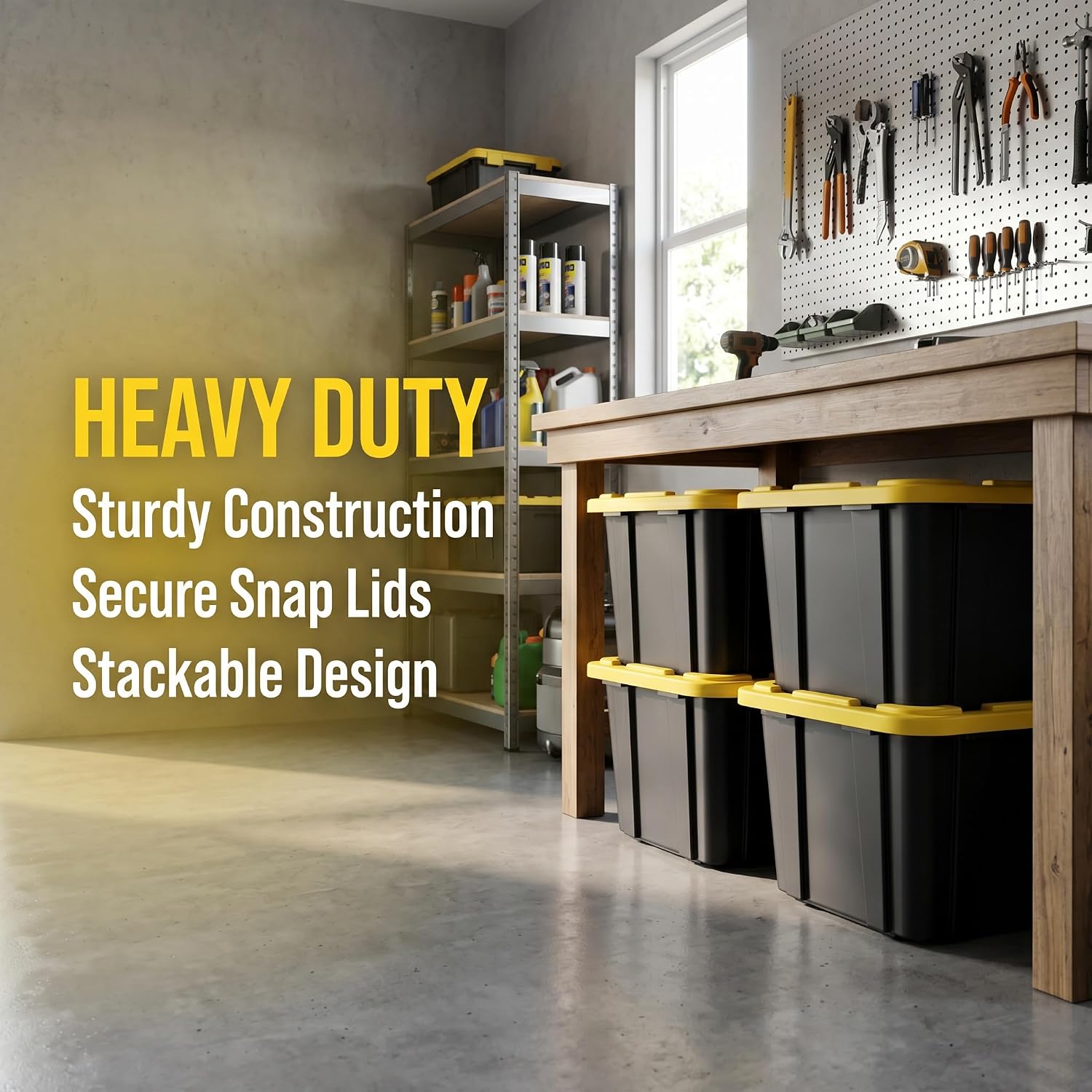 6 Pack 27 Gallon Heavy Duty Storage Bins with Snap Lids, Durable Plastic Storage Totes with Stackable Black Containers & Yellow Latching Covers for Home Garage Moving Organization - Image 5