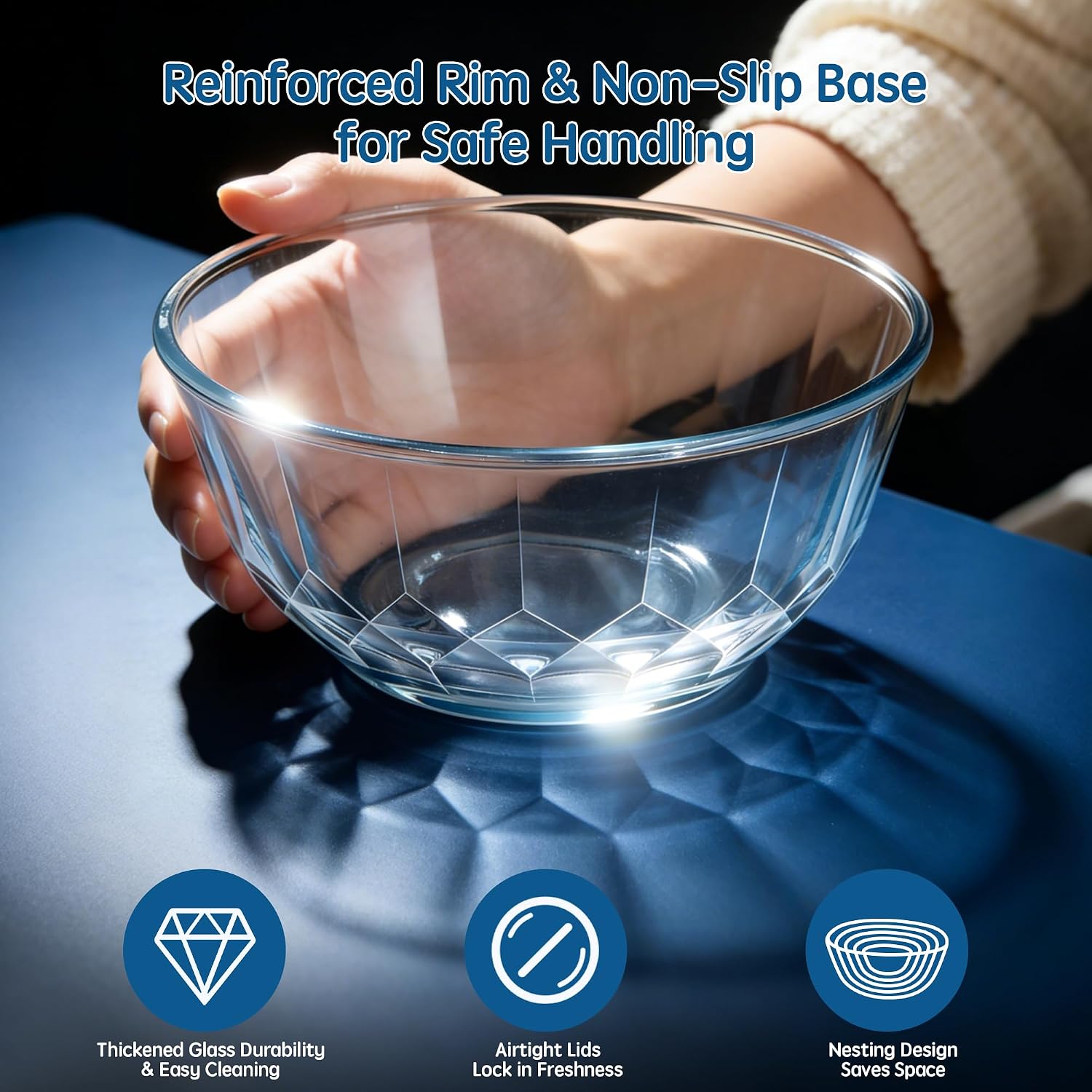 ENVTEK Thick Glass Mixing Bowls with Airtight Lids Set, 5-Piece Nesting Bowls for Baking & Meal Prep, BPA Free, Dishwasher Safe, 0.5/0.8/1.6/2.7/4.4 Quart - Blue - Image 6