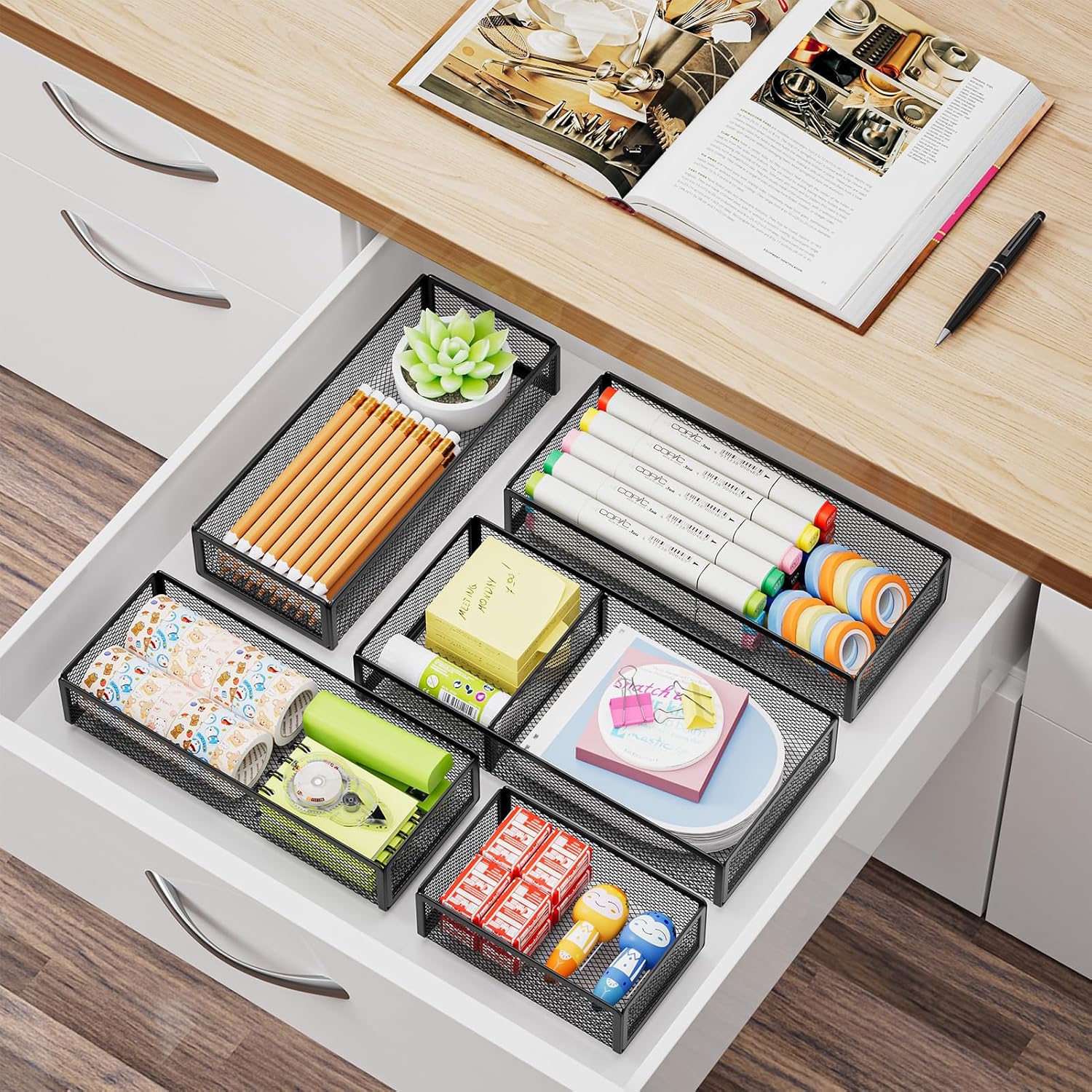 Marbrasse 5 Pack Desk Drawer Organizer Set, Mesh Drawer Storage Trays with 1 Adjustable Divider, Desk Organizers and Accessories, 5 PCS Drawer for Office Supplies, Makeup & Vanity (Black) - Image 6